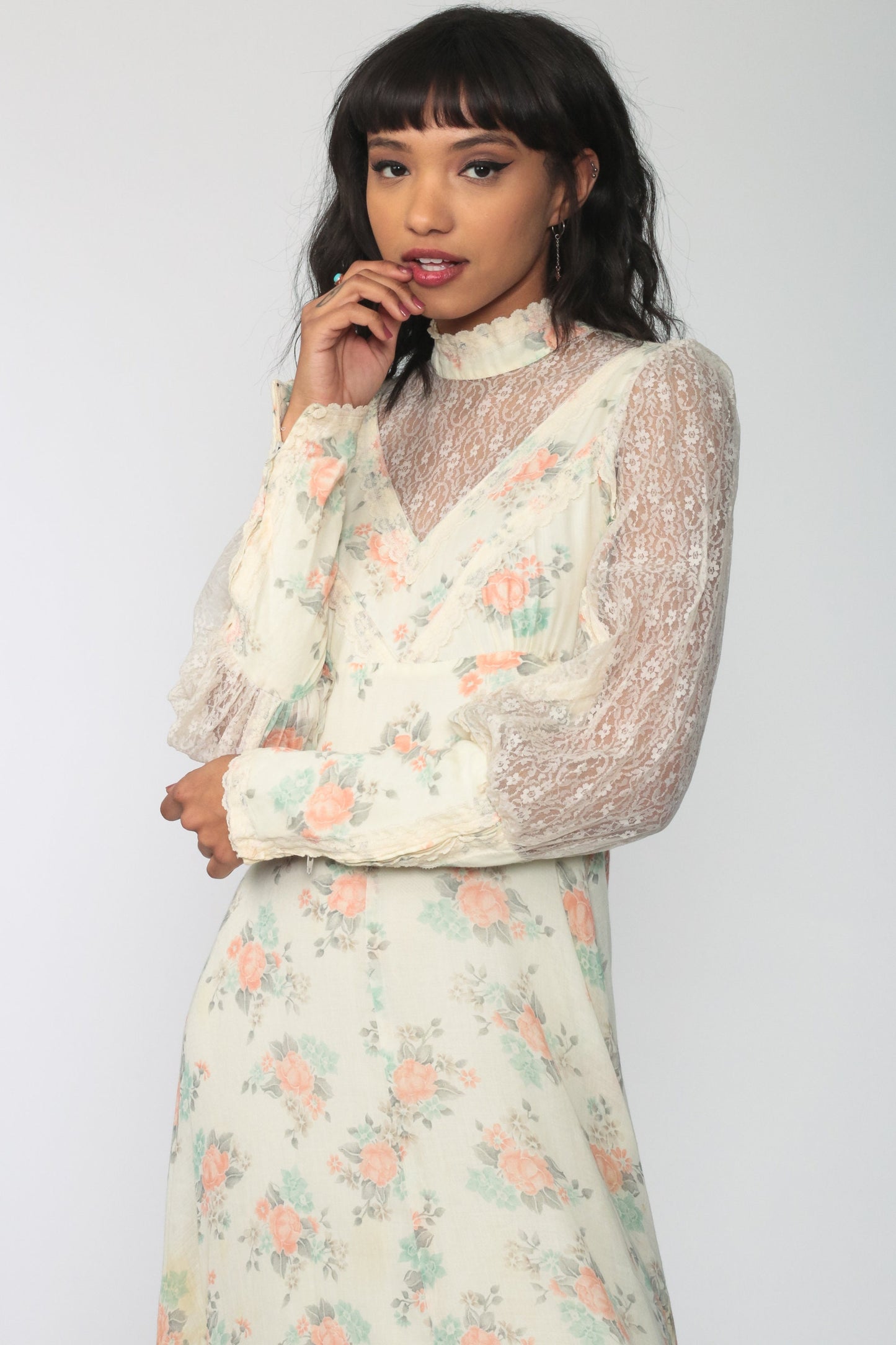 70s Gunne Sax Floral Maxi Dress Lace Sleeves Empire Waist Cream Small