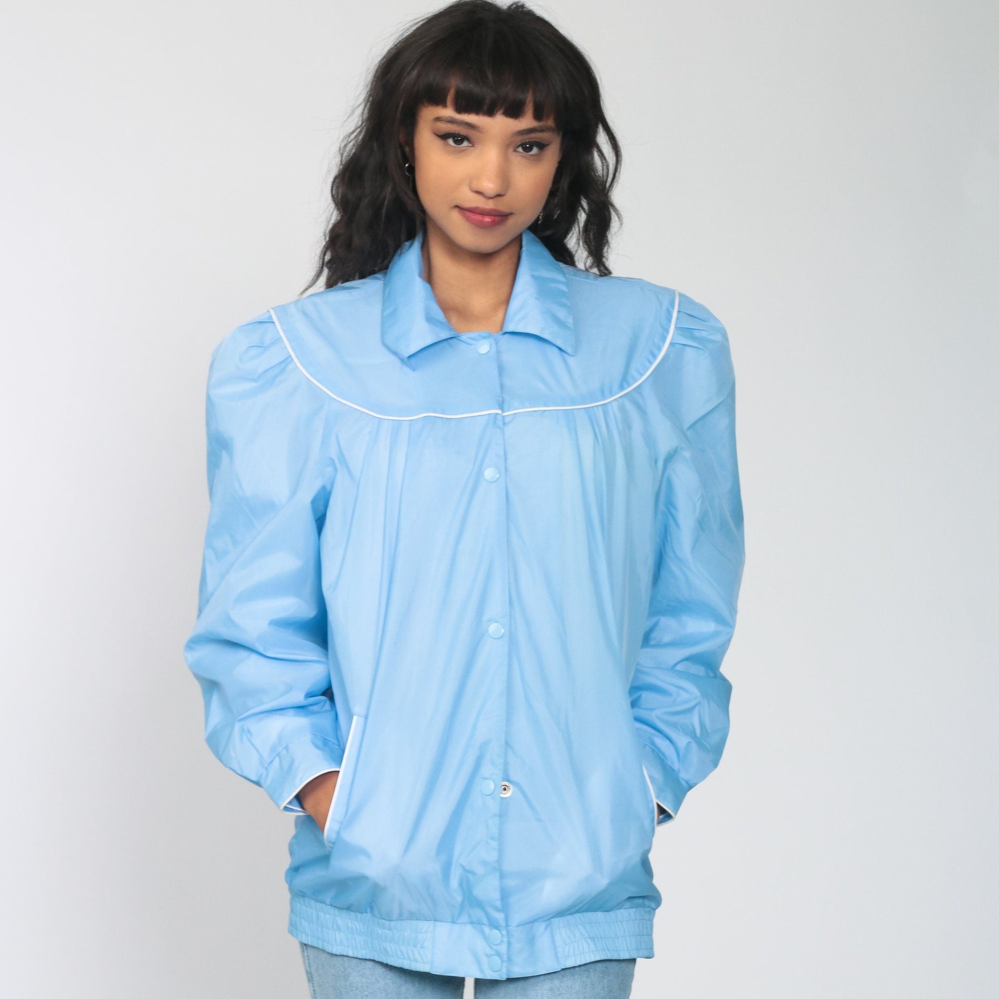 80s Blue Windbreaker Jacket Puff Sleeve Bomber Medium