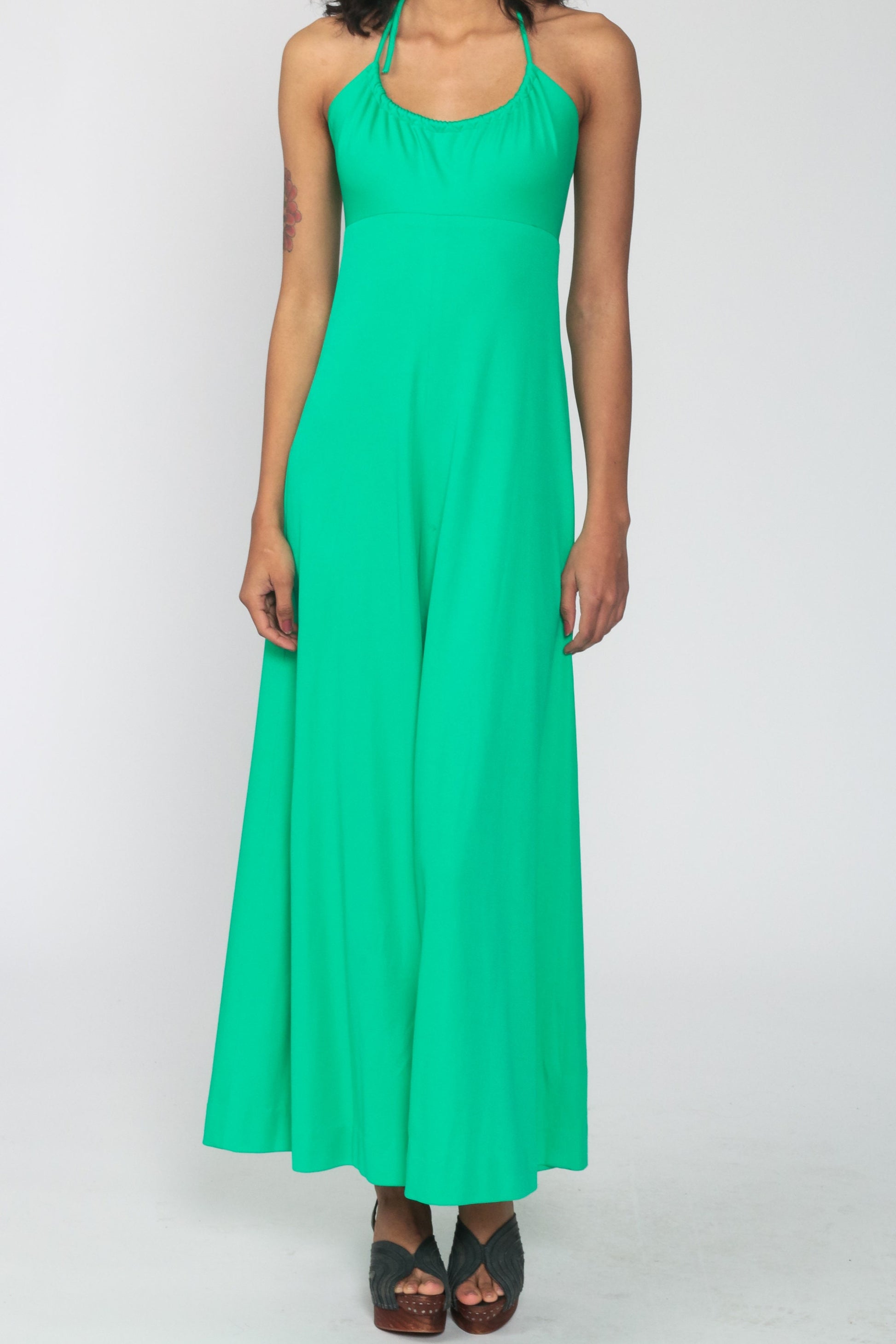 70s Bright Green Halter Jumpsuit Wide Leg High Waist Extra Small