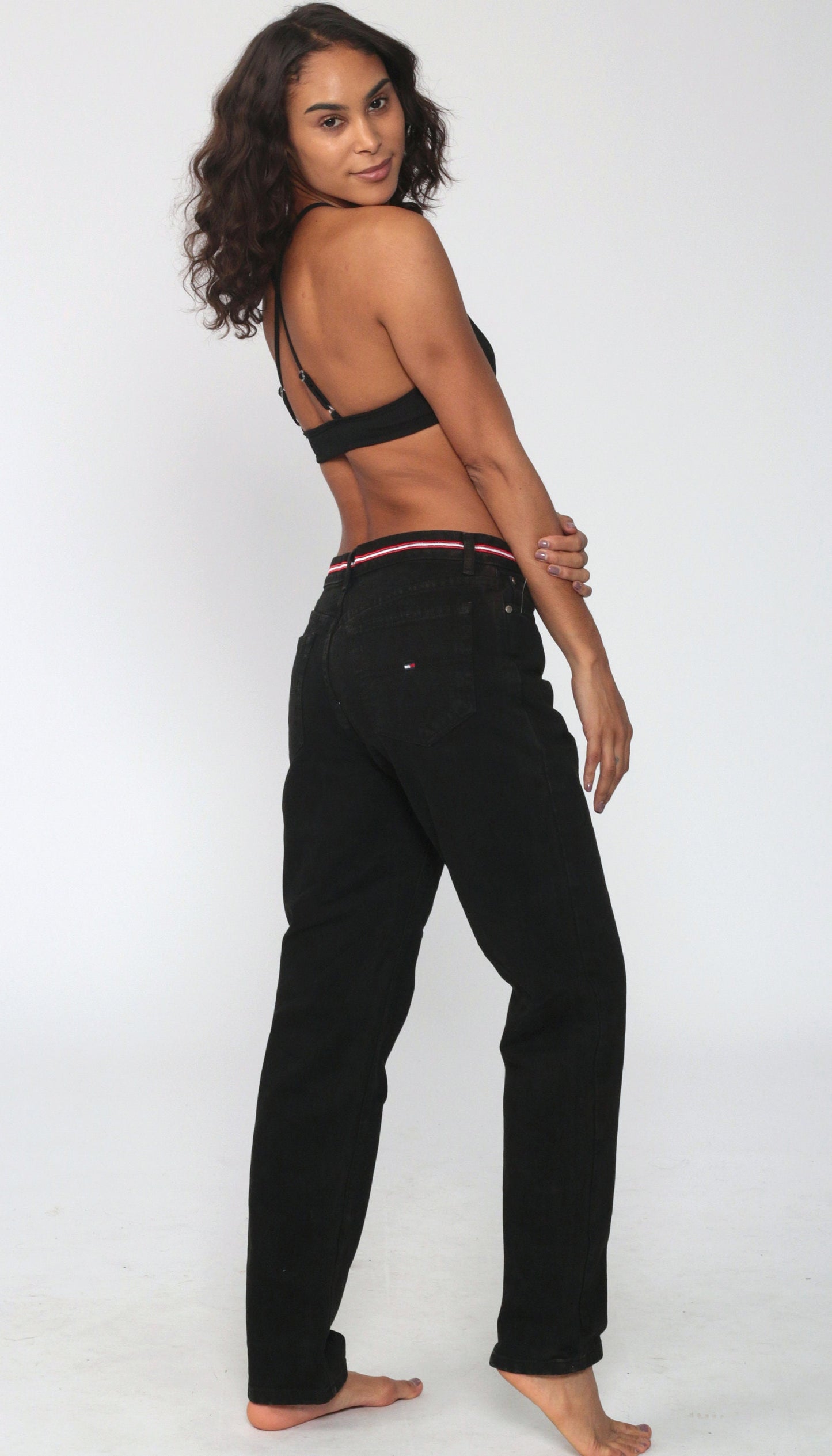 Tommy Hilfiger 90s Black Denim Mom Jeans Red Striped Waistband Size 6