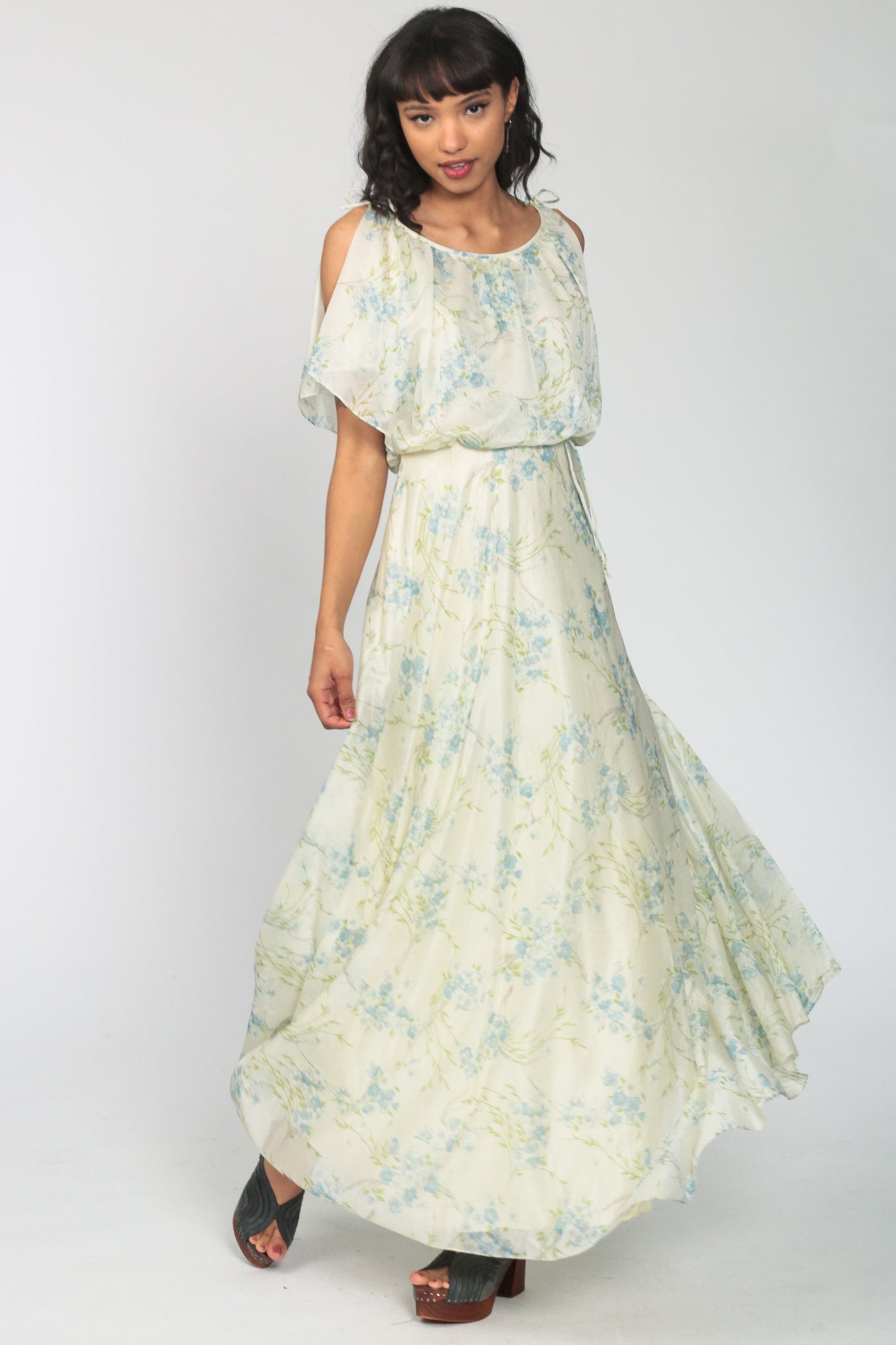 70s Cream Floral Maxi Dress Blouson Bodice Split Sleeves Extra Small