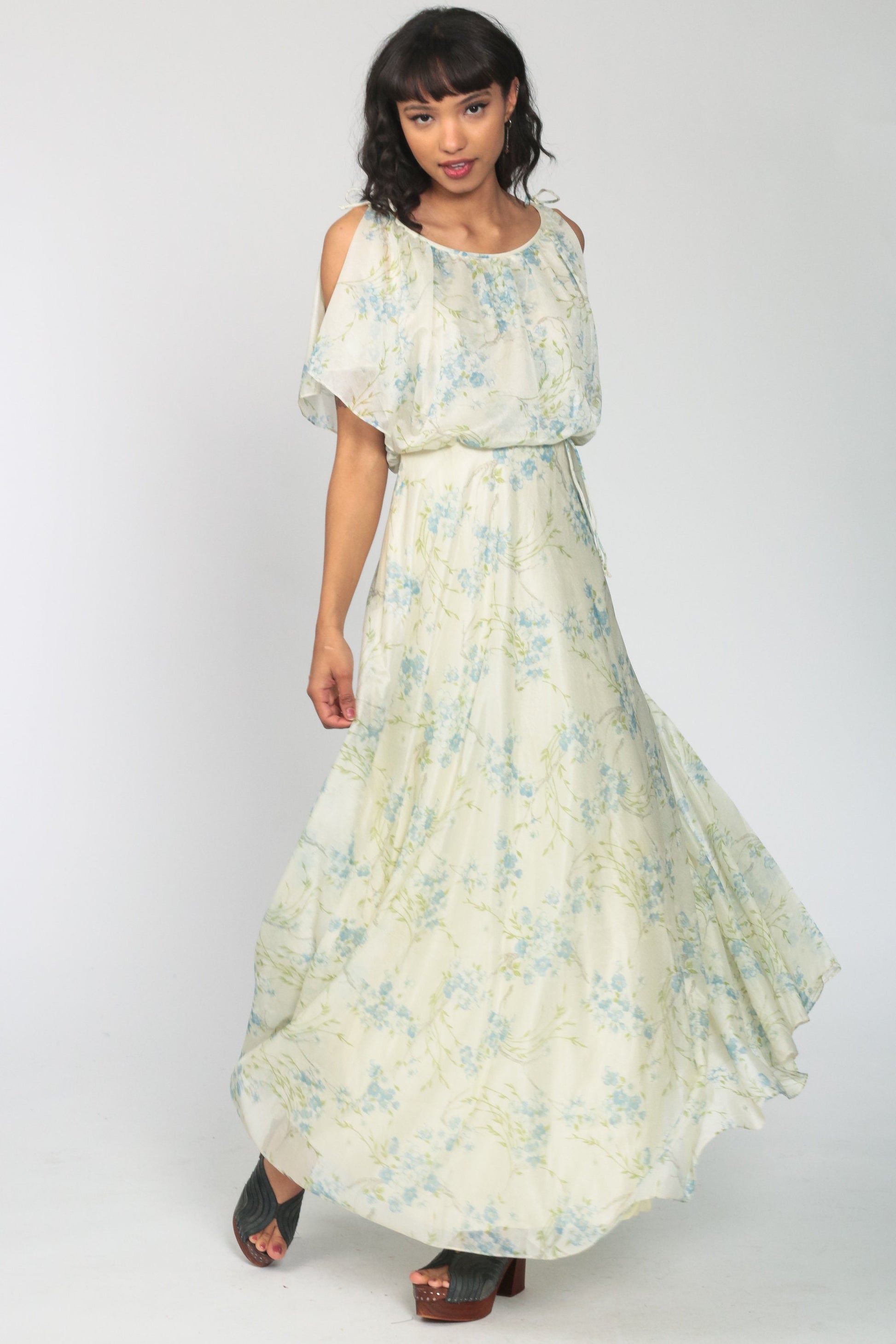 70s Cream Floral Maxi Dress Blouson Bodice Split Sleeves Extra Small