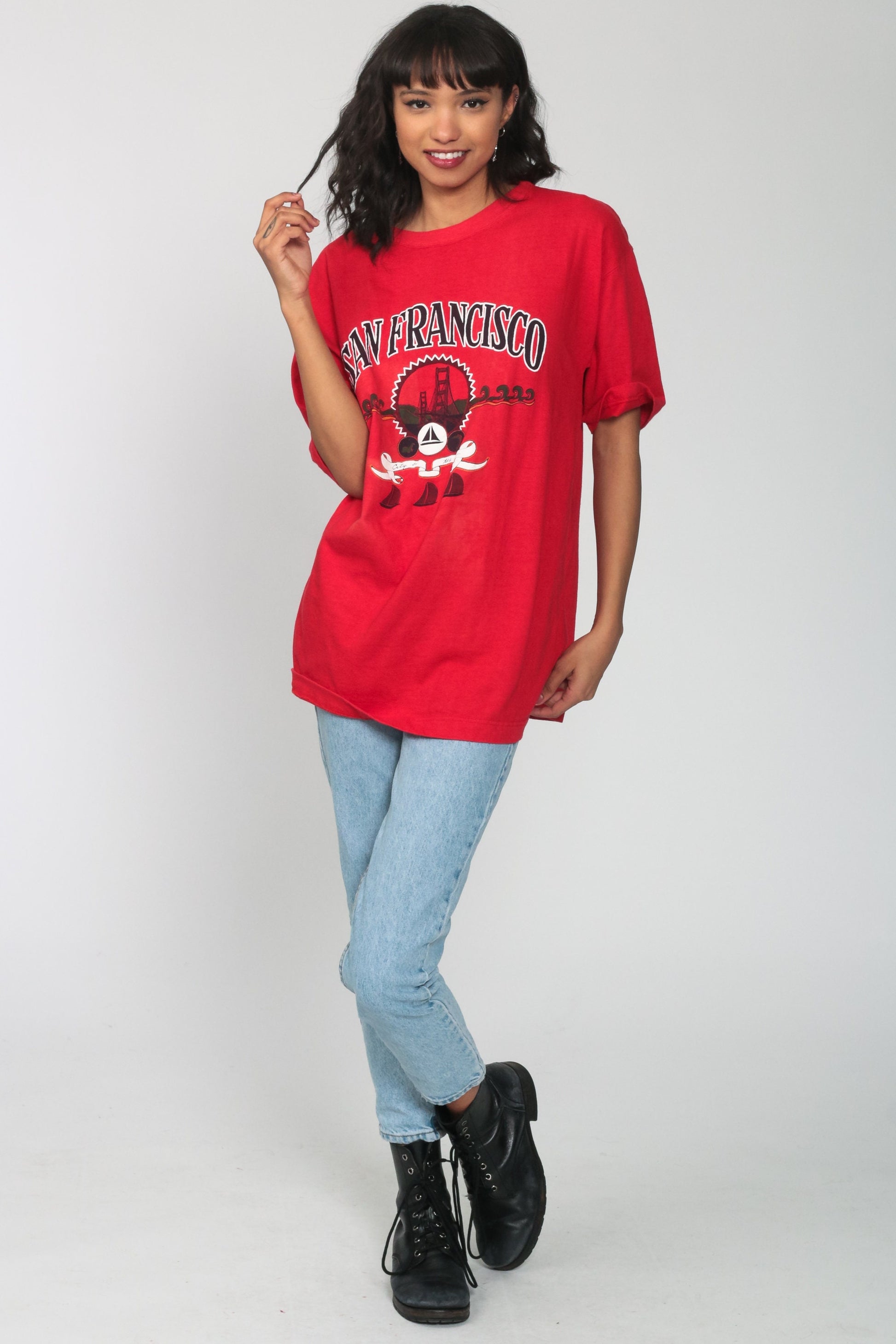 90s San Francisco Golden Gate Bridge Graphic Tee Red Sailboat Cotton Large