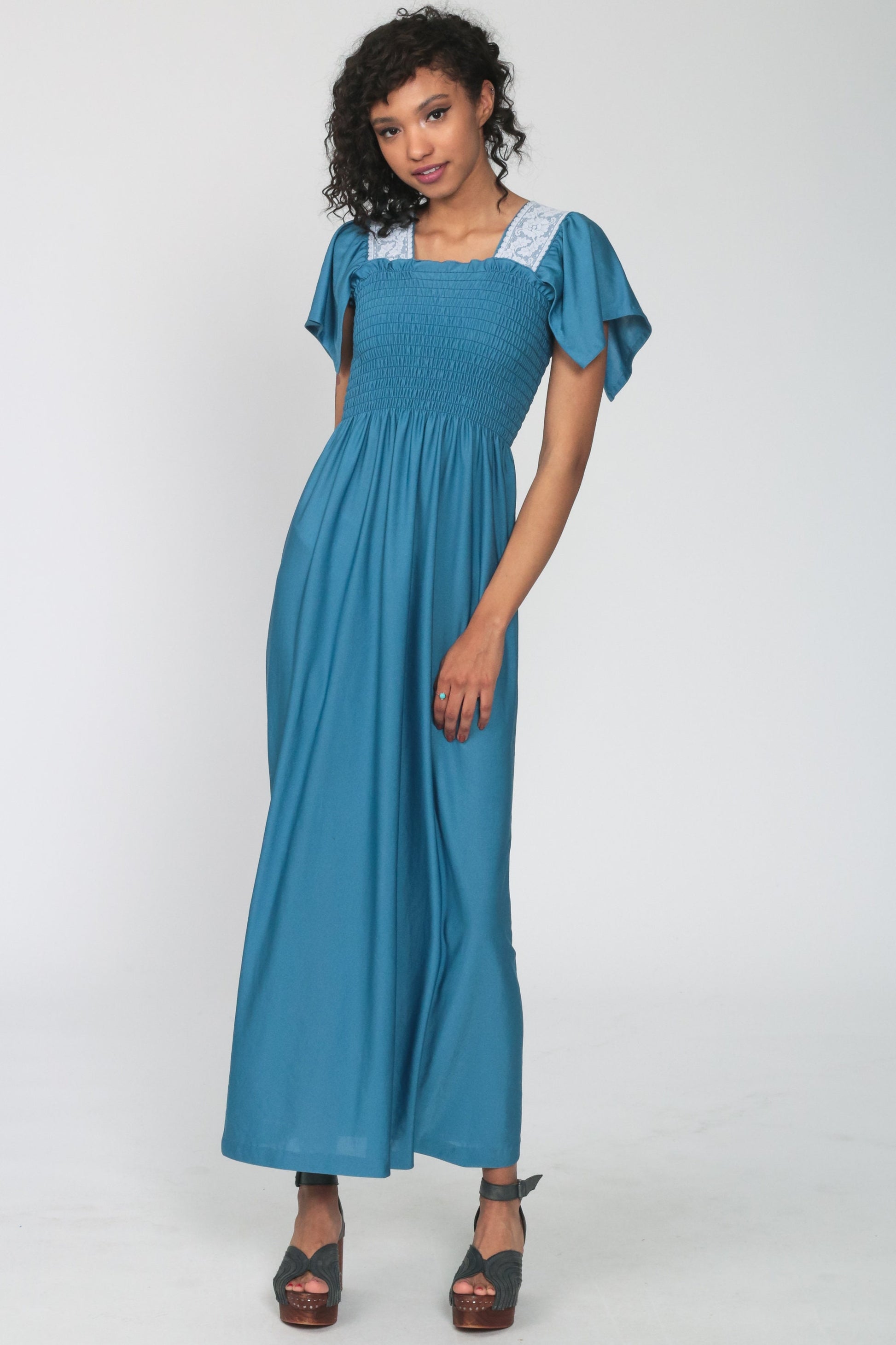 70s Blue Maxi Dress Smocked Bodice Flutter Sleeve Lace Trim Extra Small