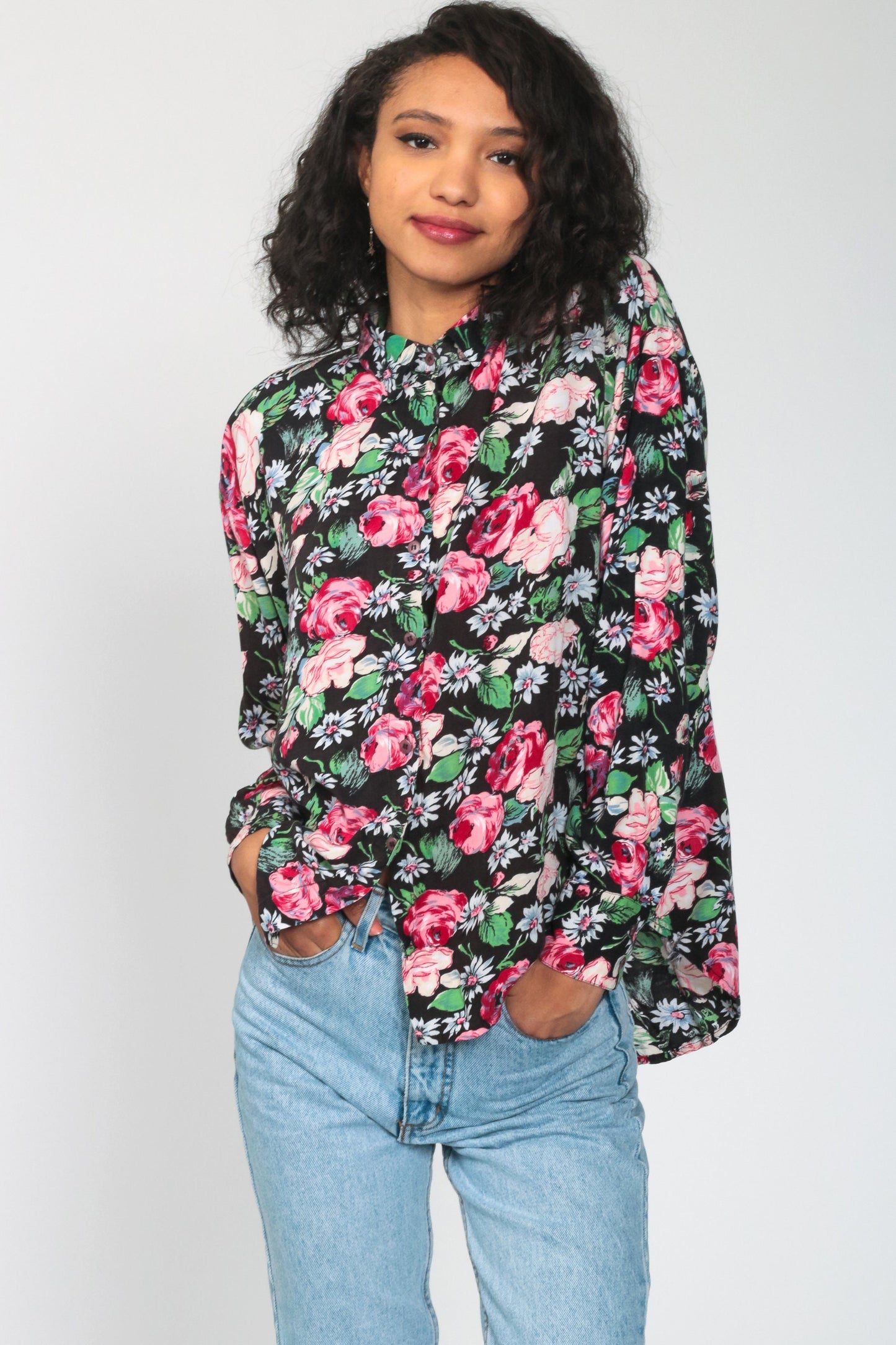 80s Floral Button Up Shirt Black Pink Print Long Sleeve Blouse Large