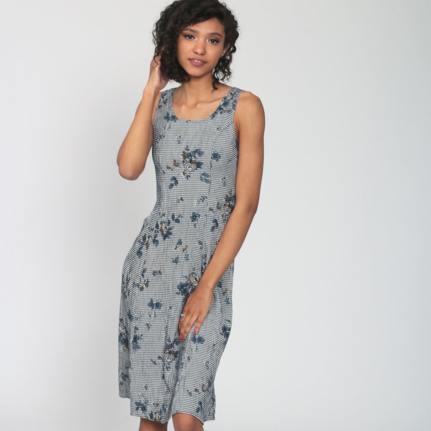 90s Gingham Floral Rayon Midi Dress Sleeveless Sheath Blue Extra Small