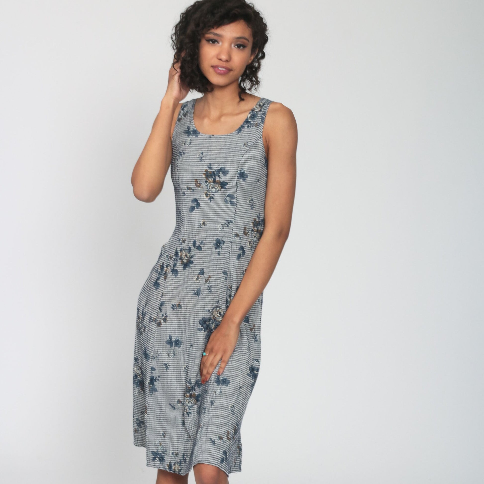 90s Gingham Floral Rayon Midi Dress Sleeveless Sheath Blue Extra Small