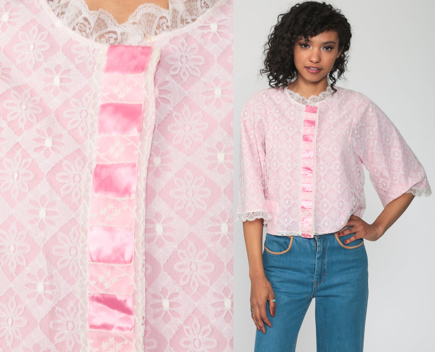 70s Baby Pink Lace Lingerie Pajama Top Button-Up Sleep Shirt Small