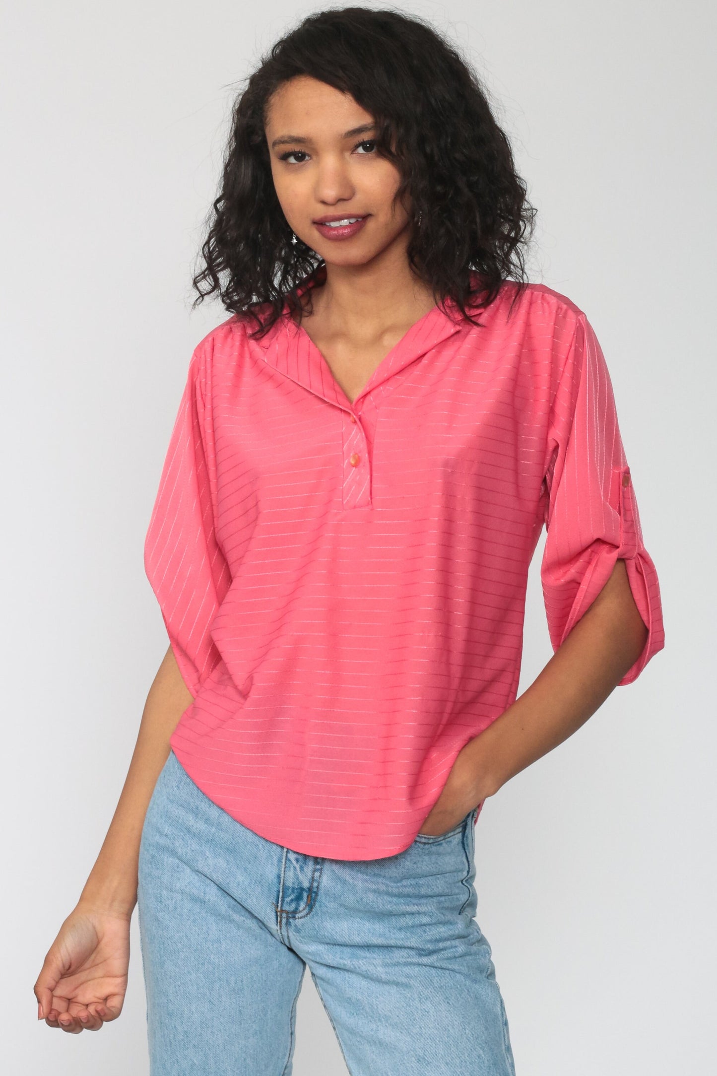 80s Pink Striped Button-Up Blouse Short Sleeve Collar Shirt Medium
