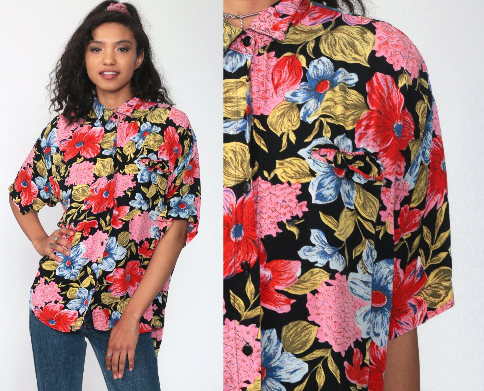 80s Floral Button Up Shirt Rayon Short Sleeve Blouse Black Red Pink Large