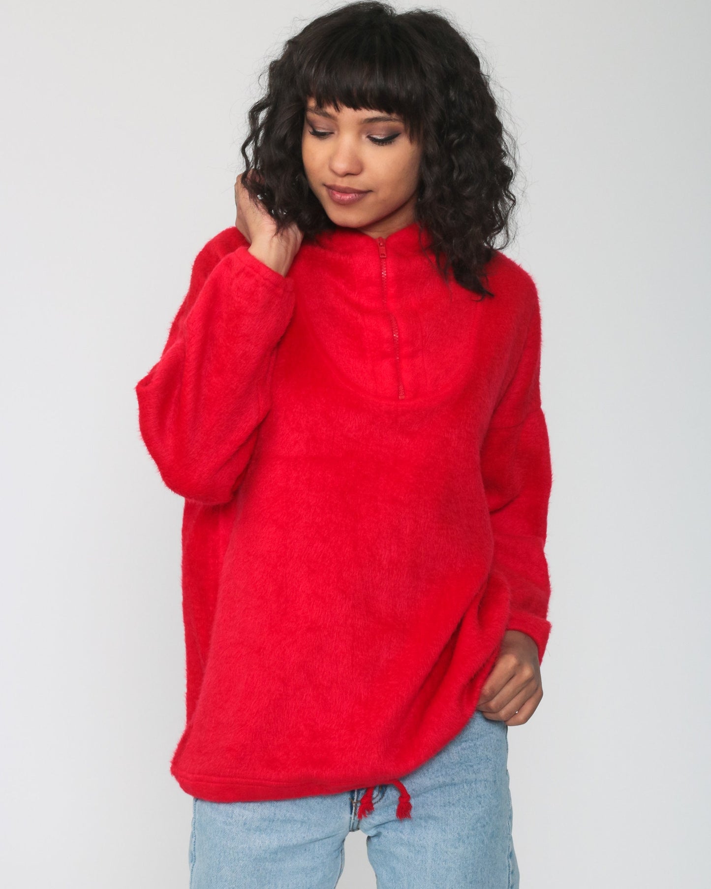 80s Red Fleece Hoodie Pullover Sweatshirt Medium