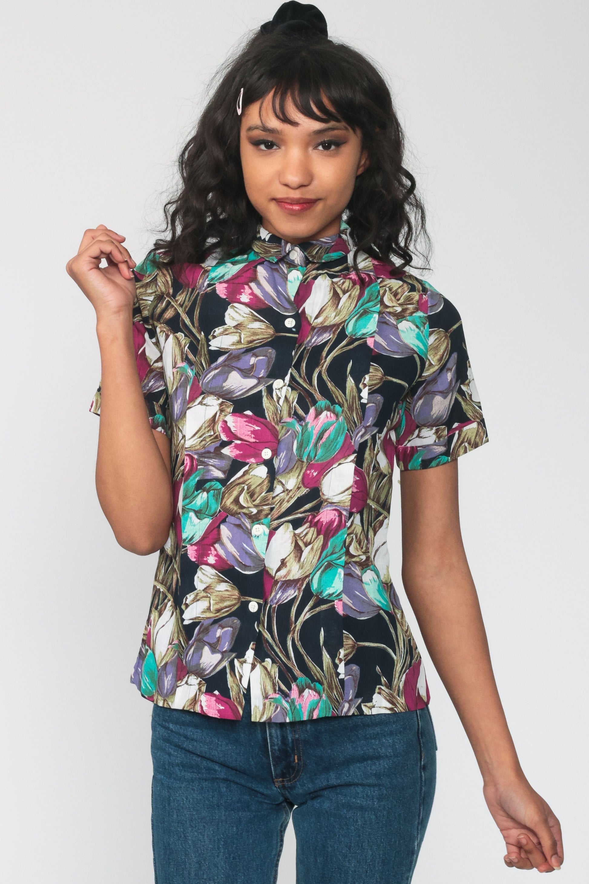 90s Floral Rayon Button-Up Shirt Short Sleeve Grey Small