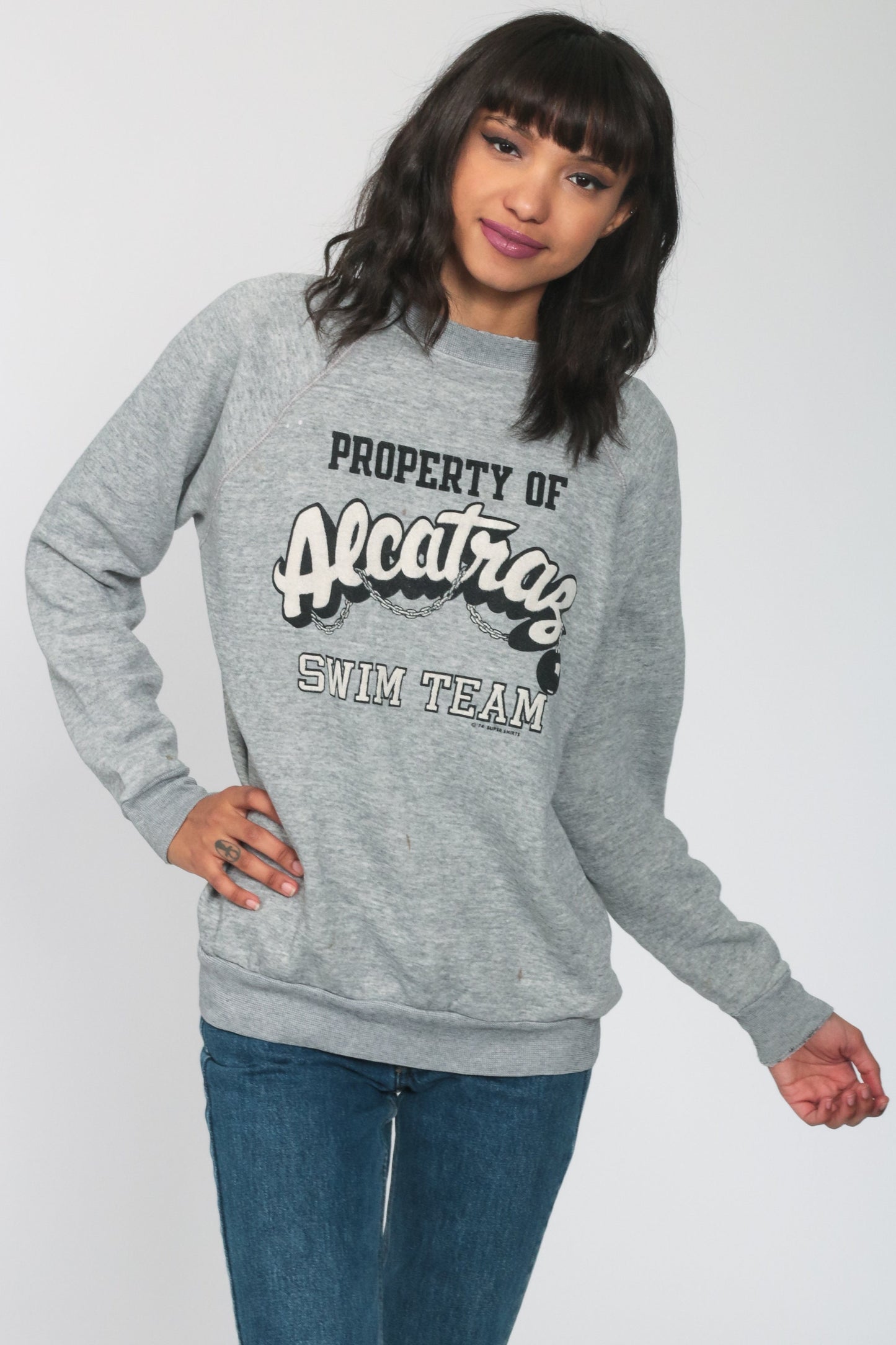 80s Alcatraz Swim Team Graphic Sweatshirt Raglan Jumper Large