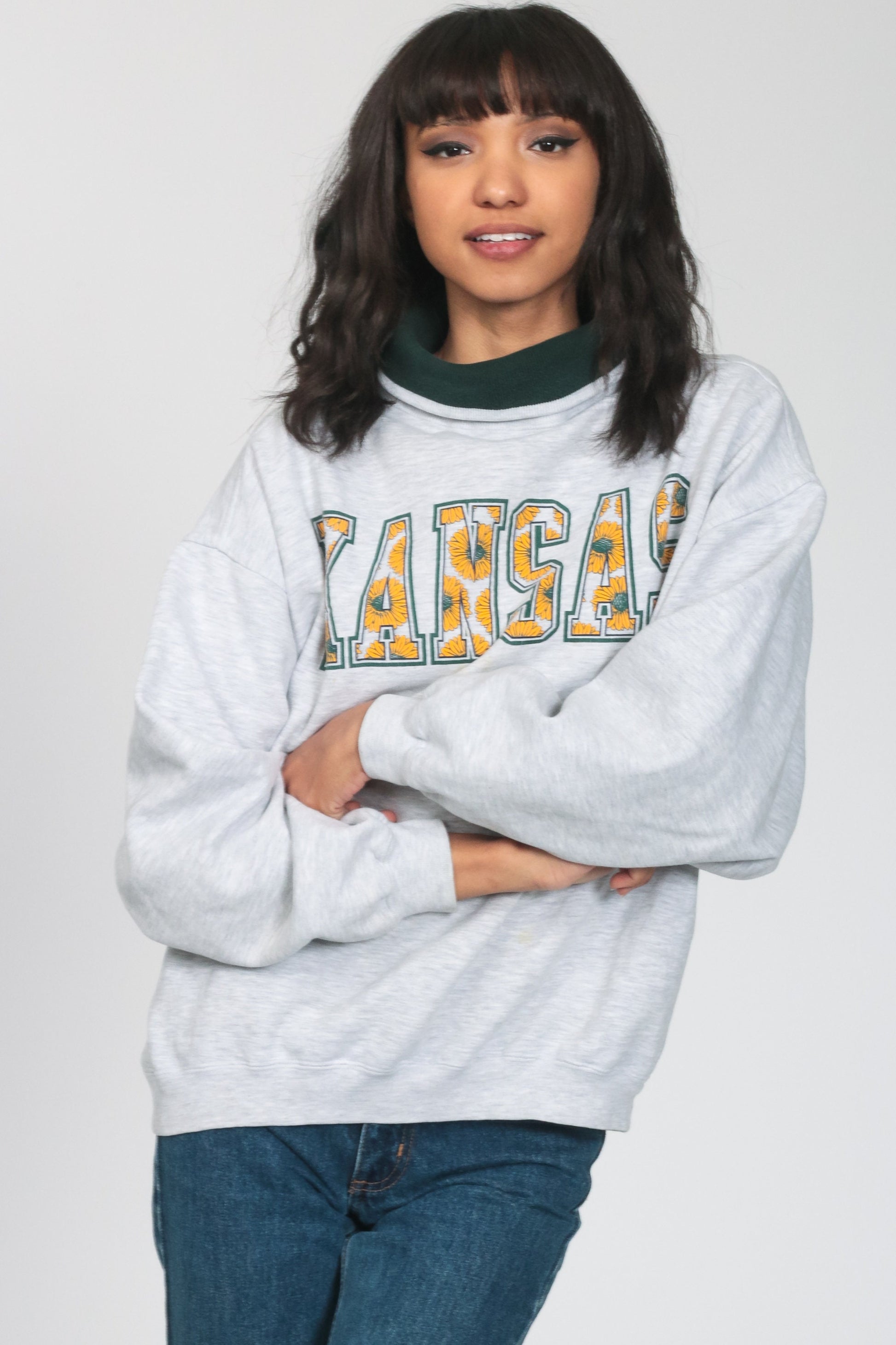 90s Kansas Sunflower Graphic Sweatshirt Grey Crewneck Large