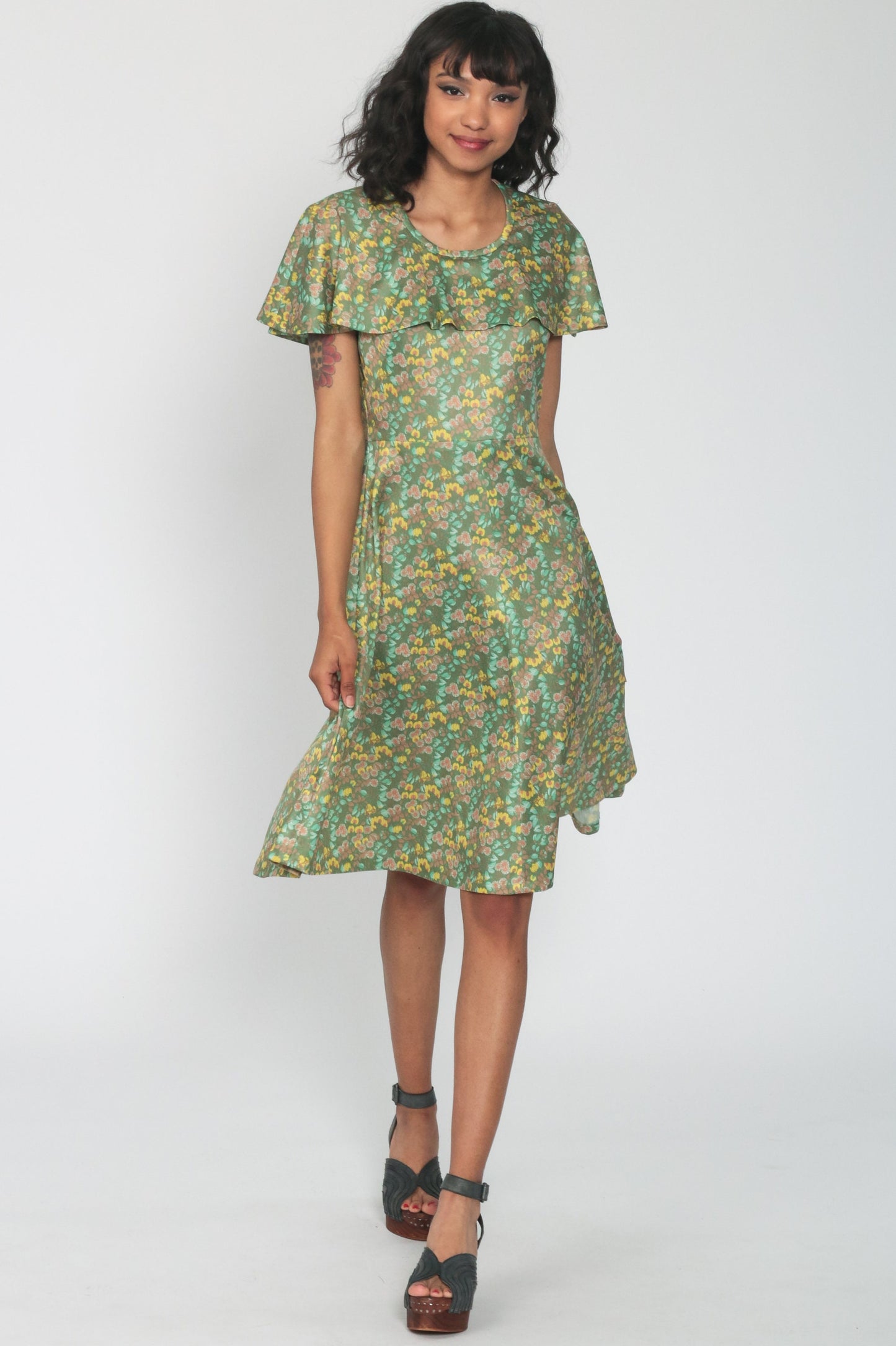 70s Green Floral Midi Dress Capelet High Waist Sleeveless Small