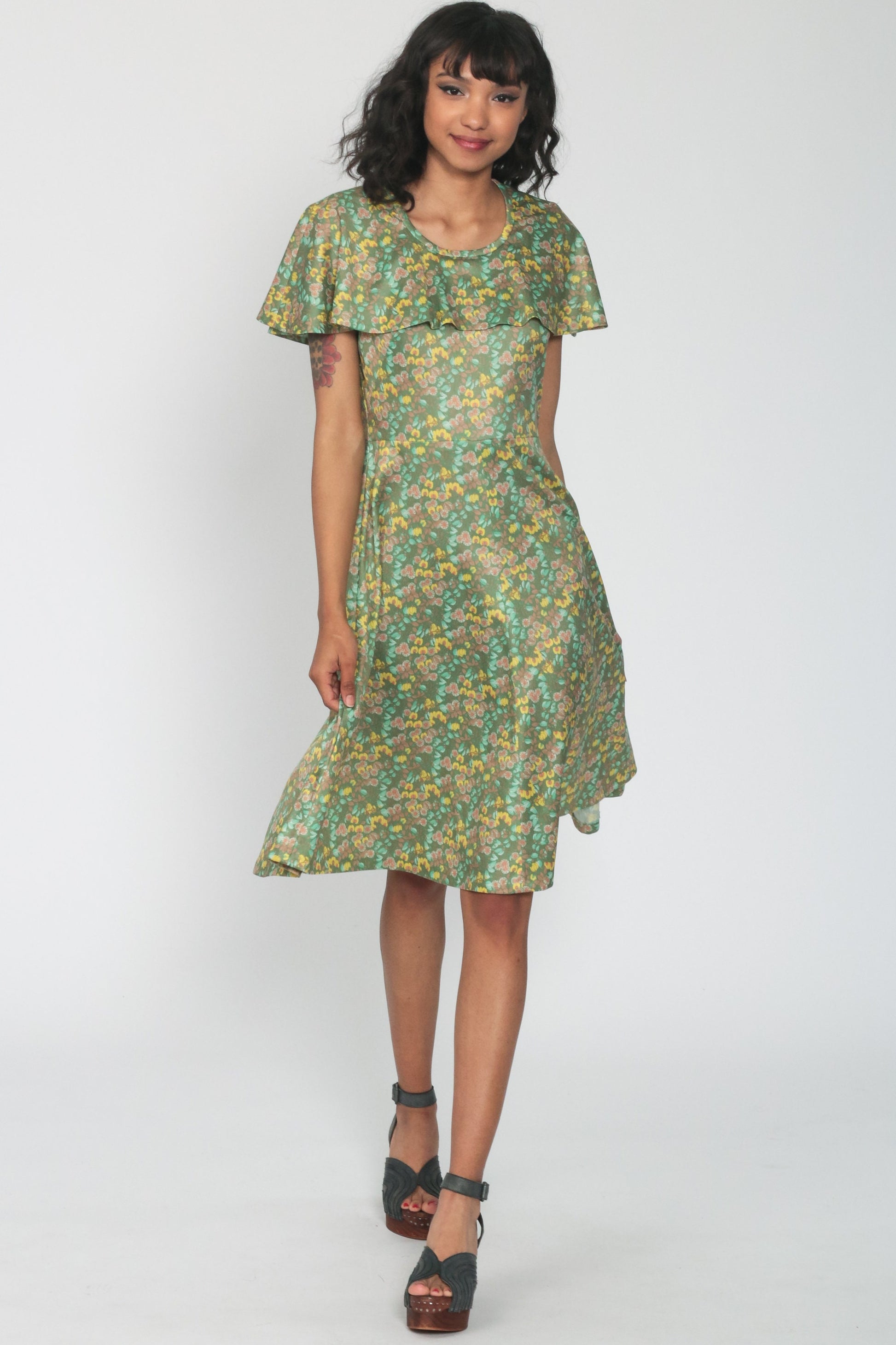 70s Green Floral Midi Dress Capelet High Waist Sleeveless Small