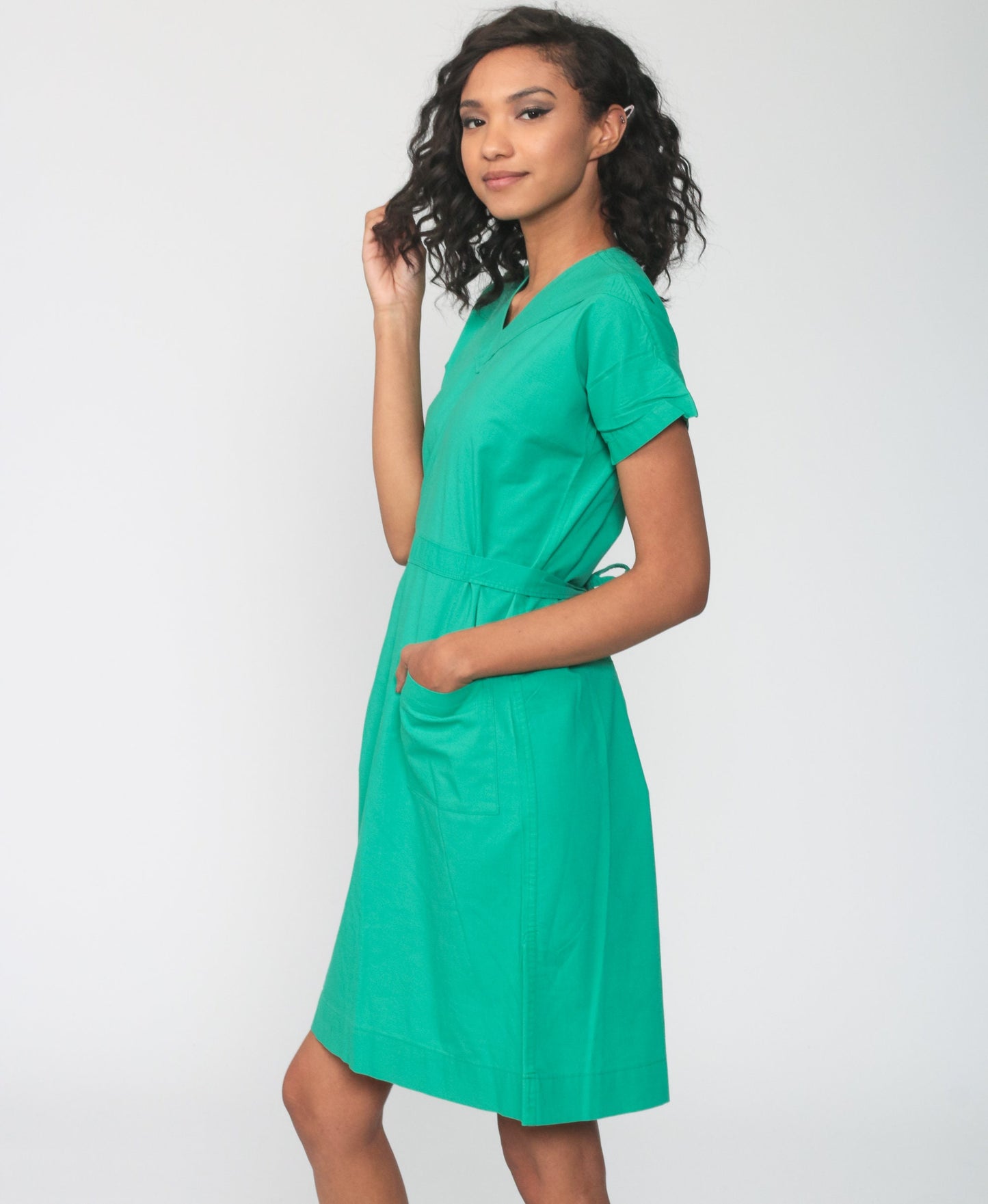 70s Green Midi Dress Cap Sleeve High Waist V Neck Pocket Small