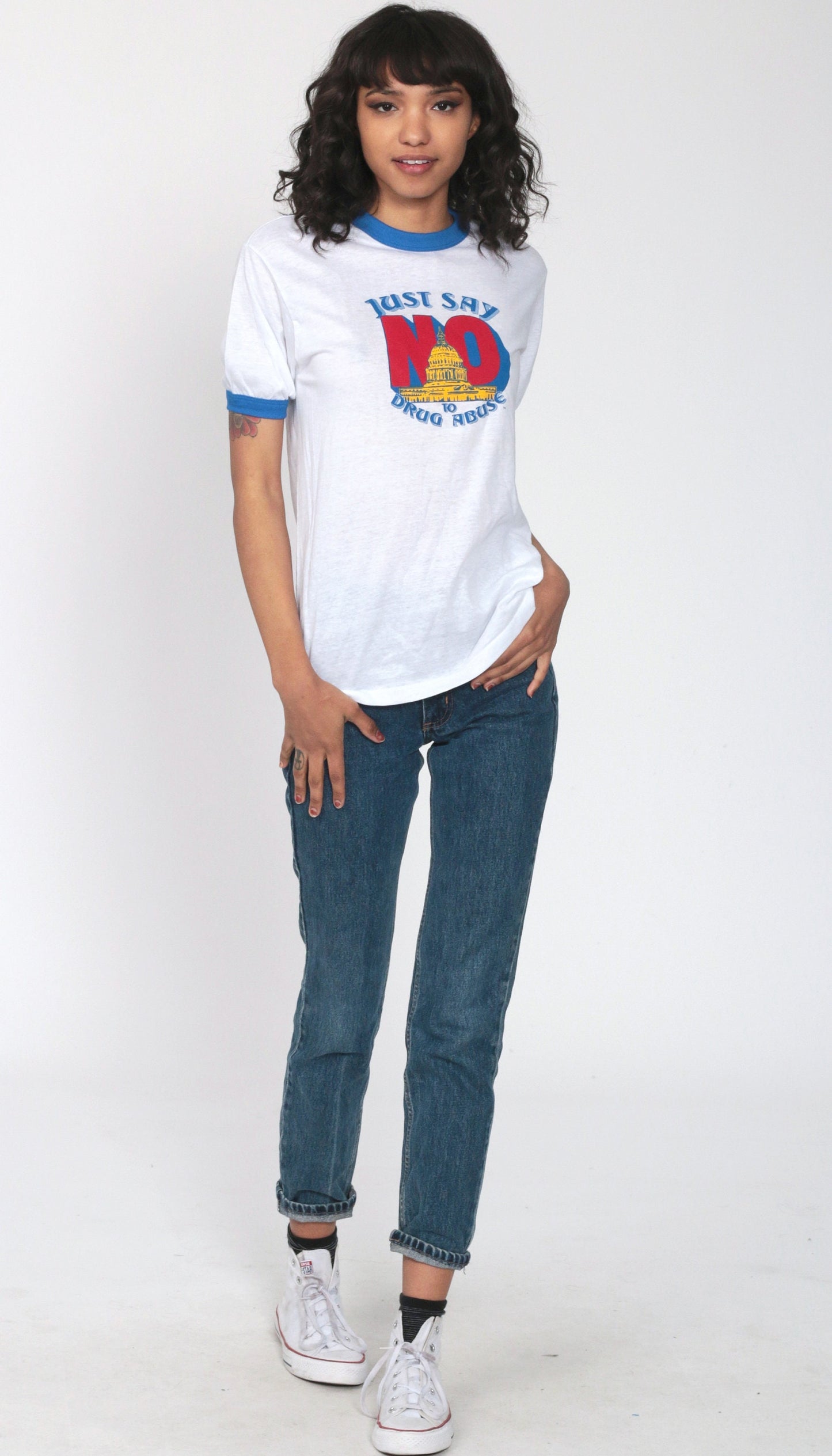 80s Say No To Drugs Ringer T-Shirt Burnout Graphic Tee Unisex Small