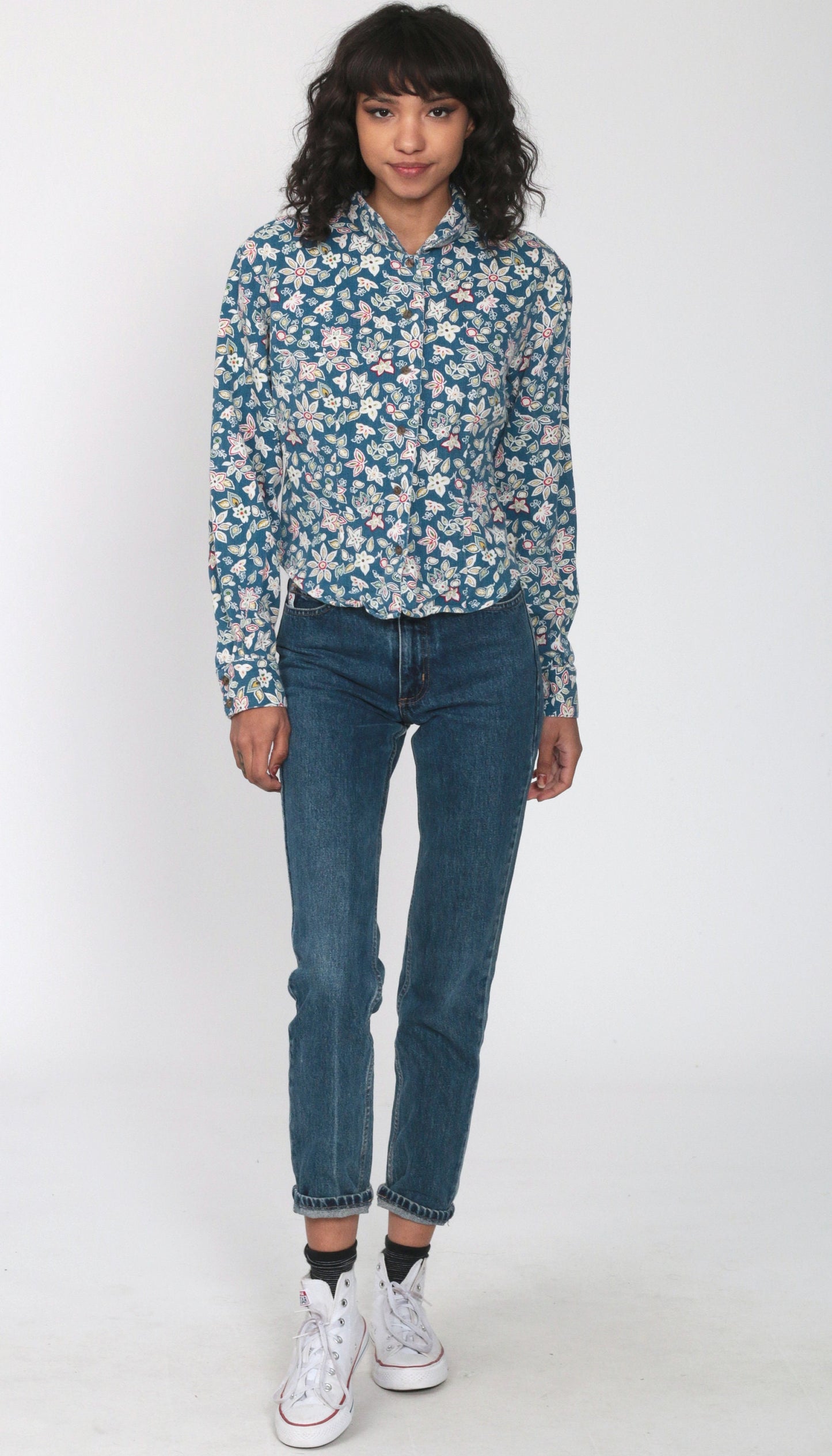 Guess 90s Floral Button-Up Blouse Blue Long Sleeve Medium