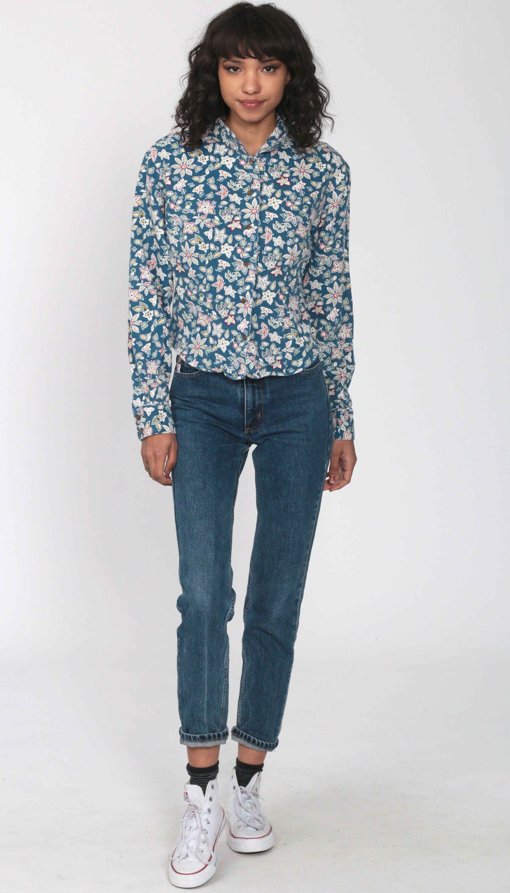 Guess 90s Floral Button-Up Blouse Blue Long Sleeve Medium