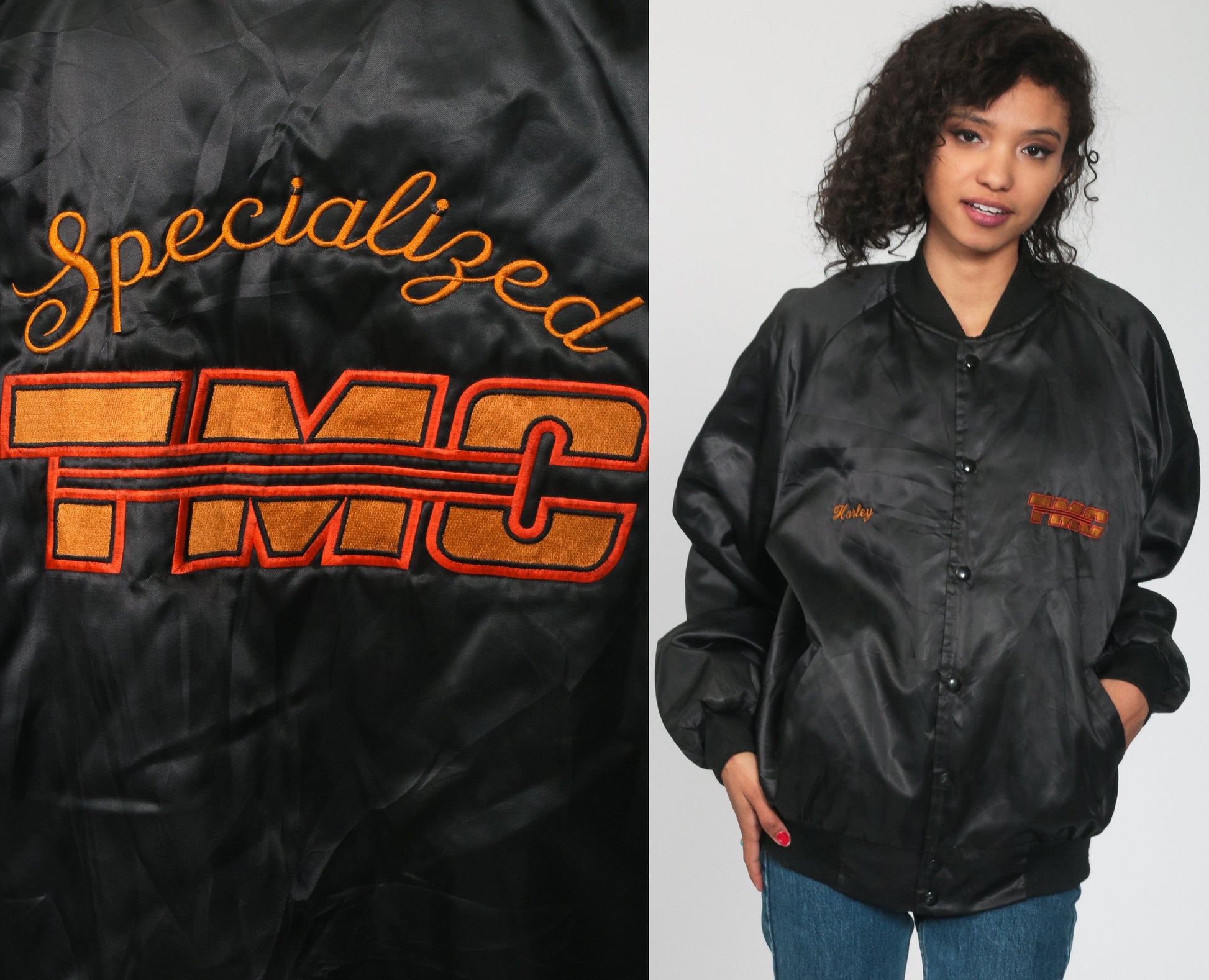 80s TMC Specialized Black Satin Bomber Jacket Snap Up Medium Large