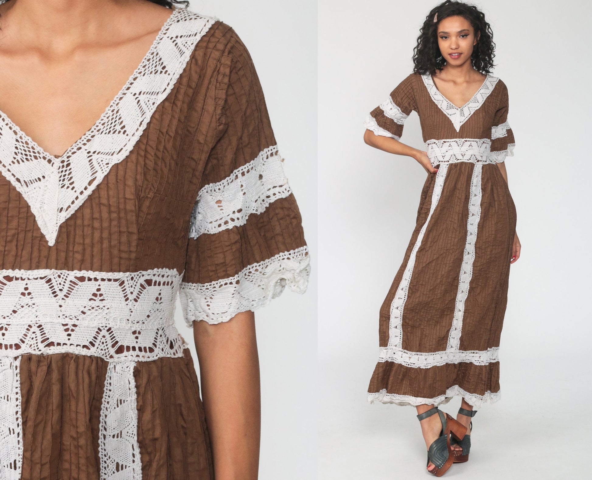 70s Mexican Wedding Maxi Dress Brown Crochet Lace Bell Sleeve Extra Small