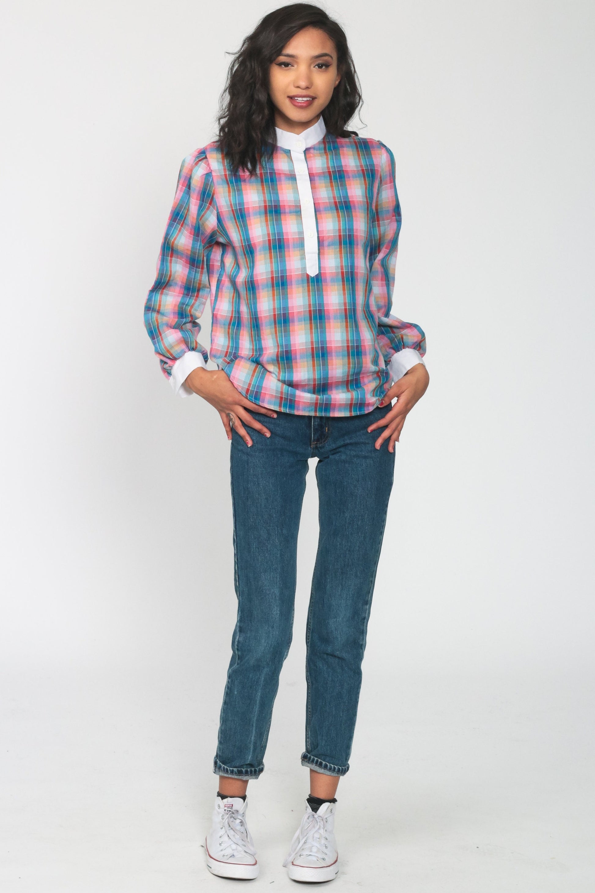 80s Plaid Button-Up Blouse Multicolor Long Sleeve Shirt Medium Large