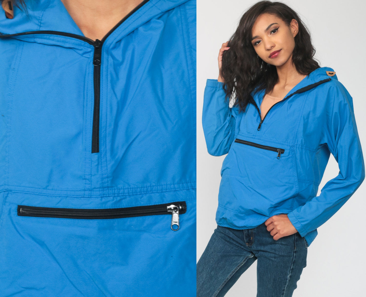 LL Bean Blue Hooded Half-Zip Windbreaker Jacket Women's Medium