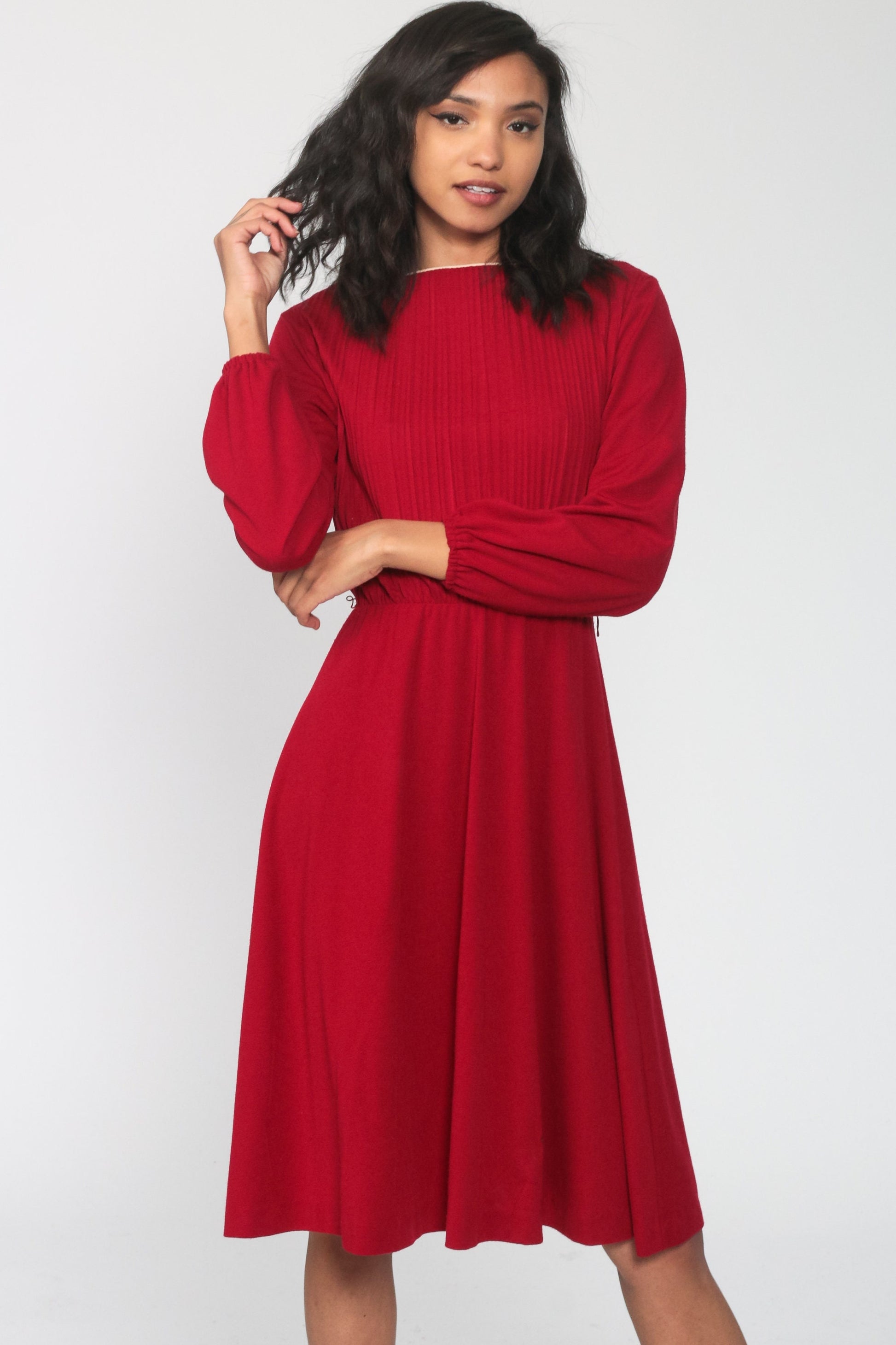 70s Dark Red Midi Dress High Waist Knife Pleated Long Sleeve Small