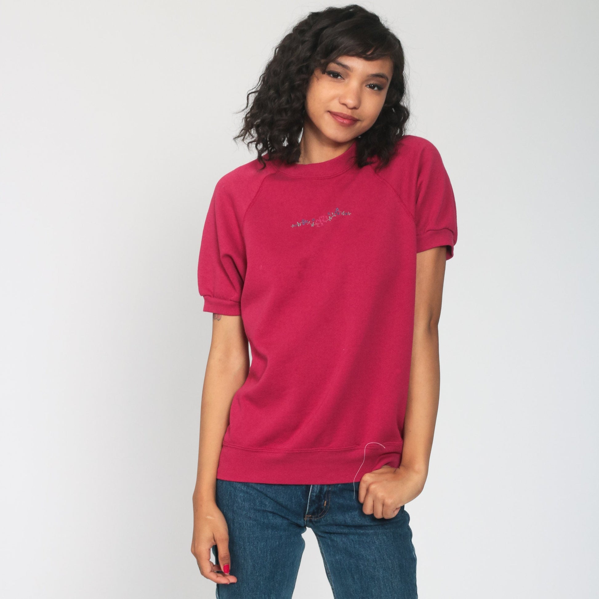 80s Lee Floral Embroidered Short Sleeve Sweatshirt Pink Medium