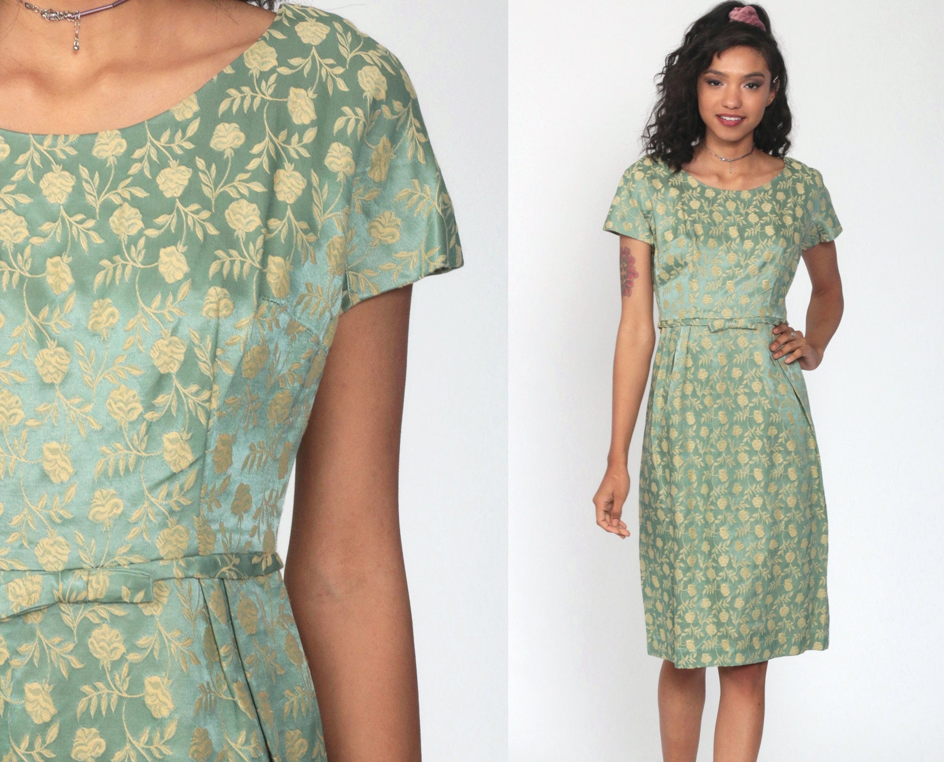 60s Leslie Fay Green Floral Brocade Dress Knee-Length Sheath Extra Small