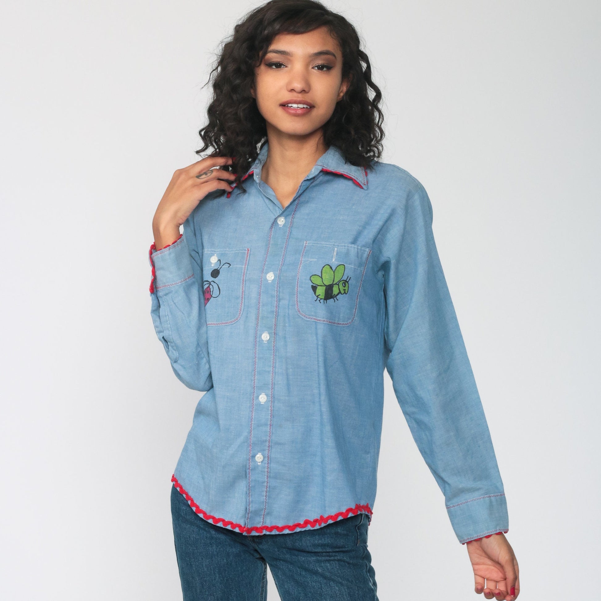70s Raggedy Ann Andy Chambray Western Shirt Blue Graphic Button Up Medium