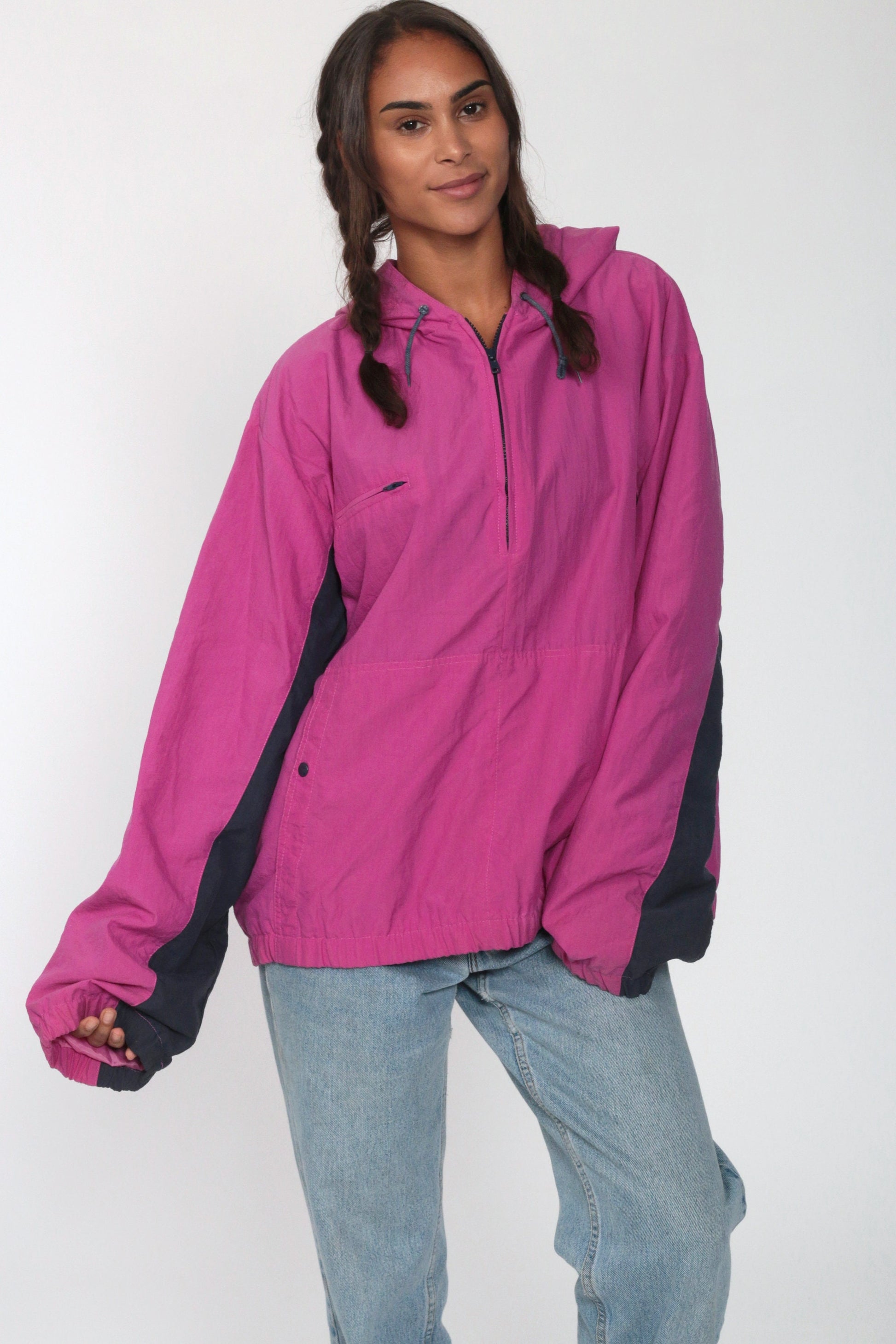 90s Izod Hooded Windbreaker Magenta Half-Zip Pullover Jacket Extra Large