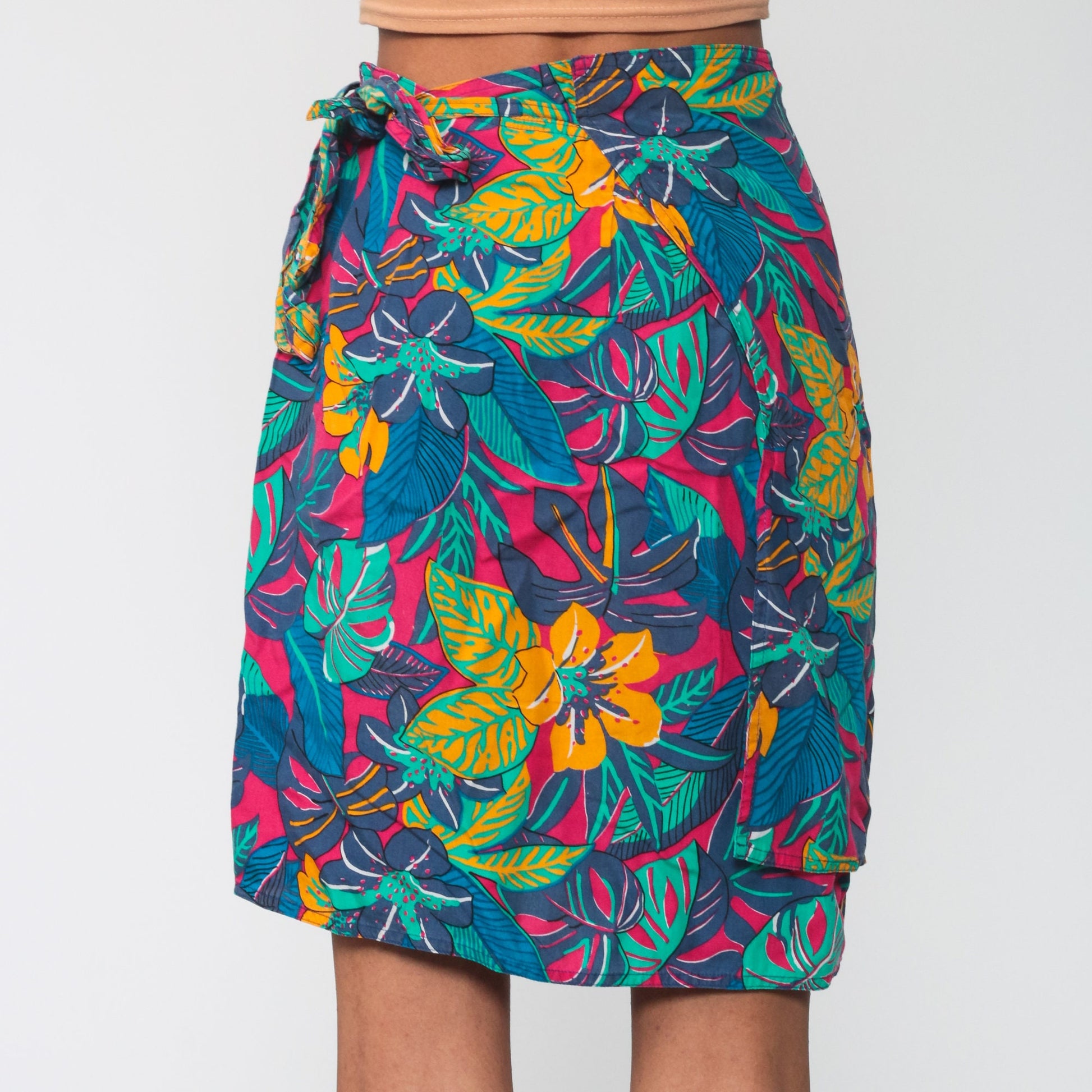 90s Tropical Floral Wrap Skirt Mini High Waist Small Medium