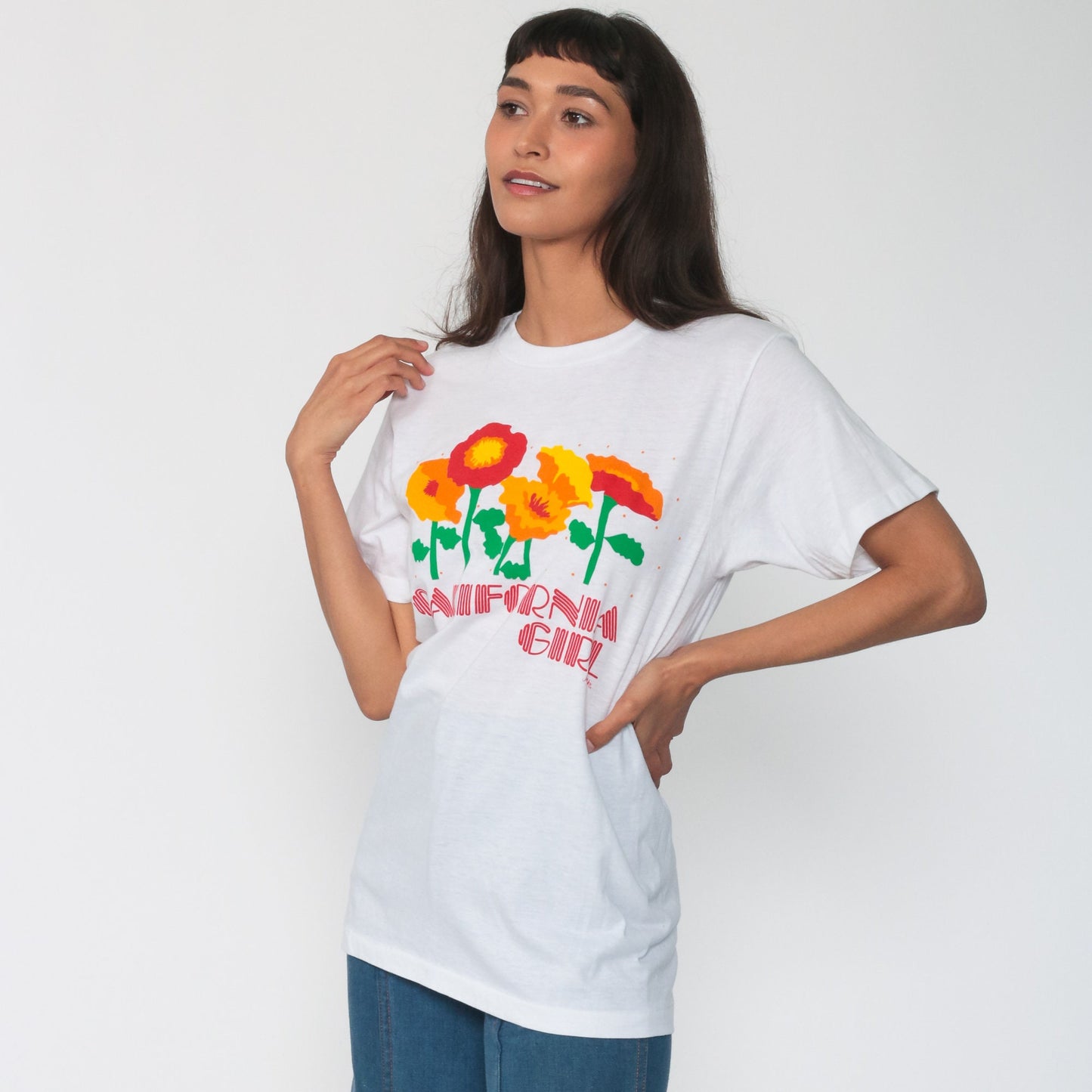 80s California Girl Poppy Graphic T-Shirt Single Stitch Floral Tee Medium