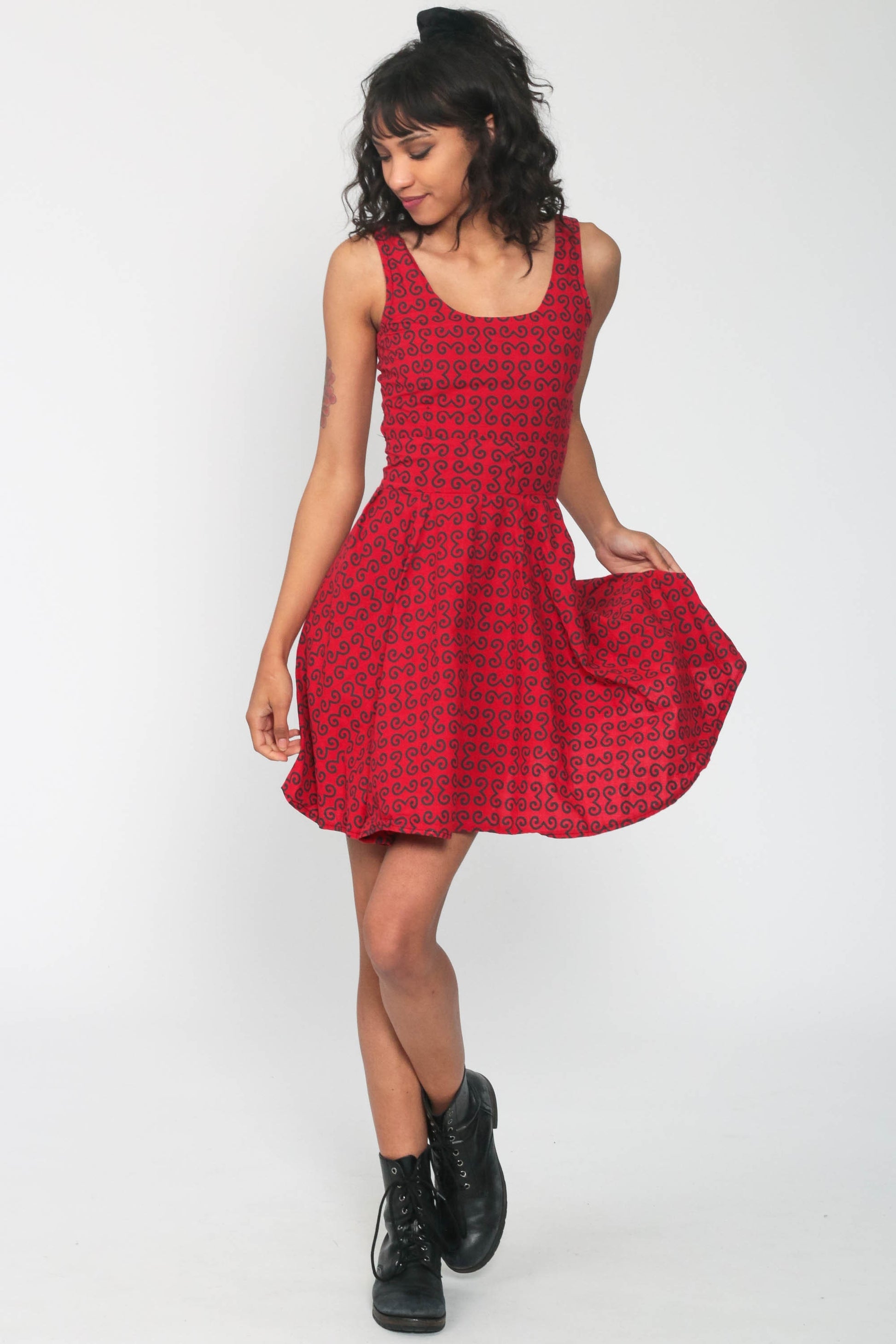 90s Babydoll Dress Red Geometric Mini High Waist Sleeveless Extra Small