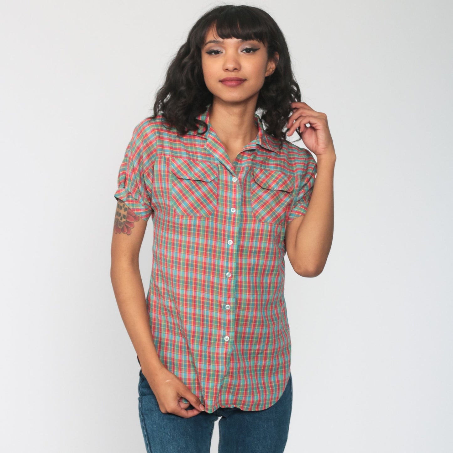 80s Plaid Cotton Button-Up Blouse Red Green Puff Sleeve Extra Small