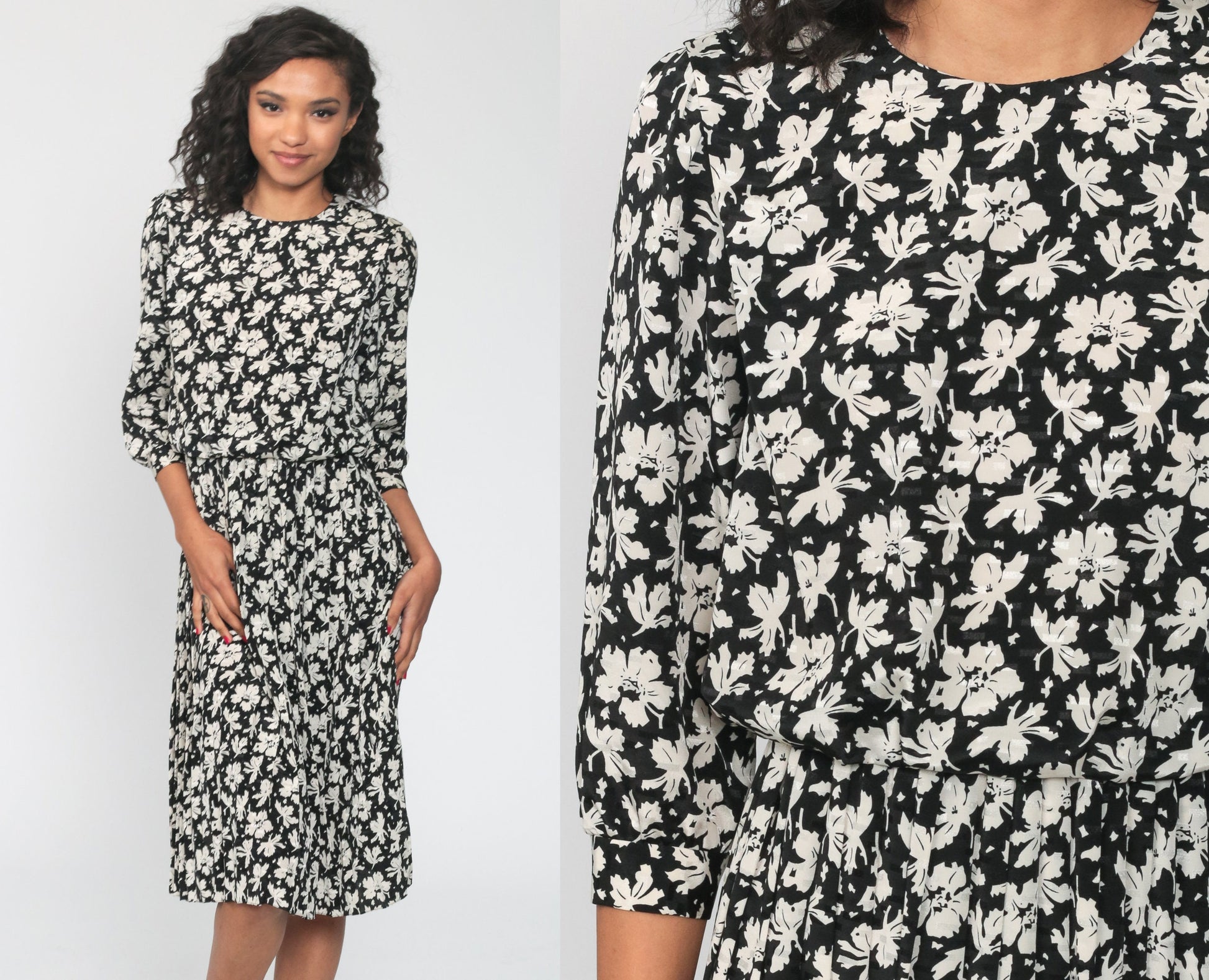 80s Black Floral Midi Dress High Waist Pleated Skirt Small 4