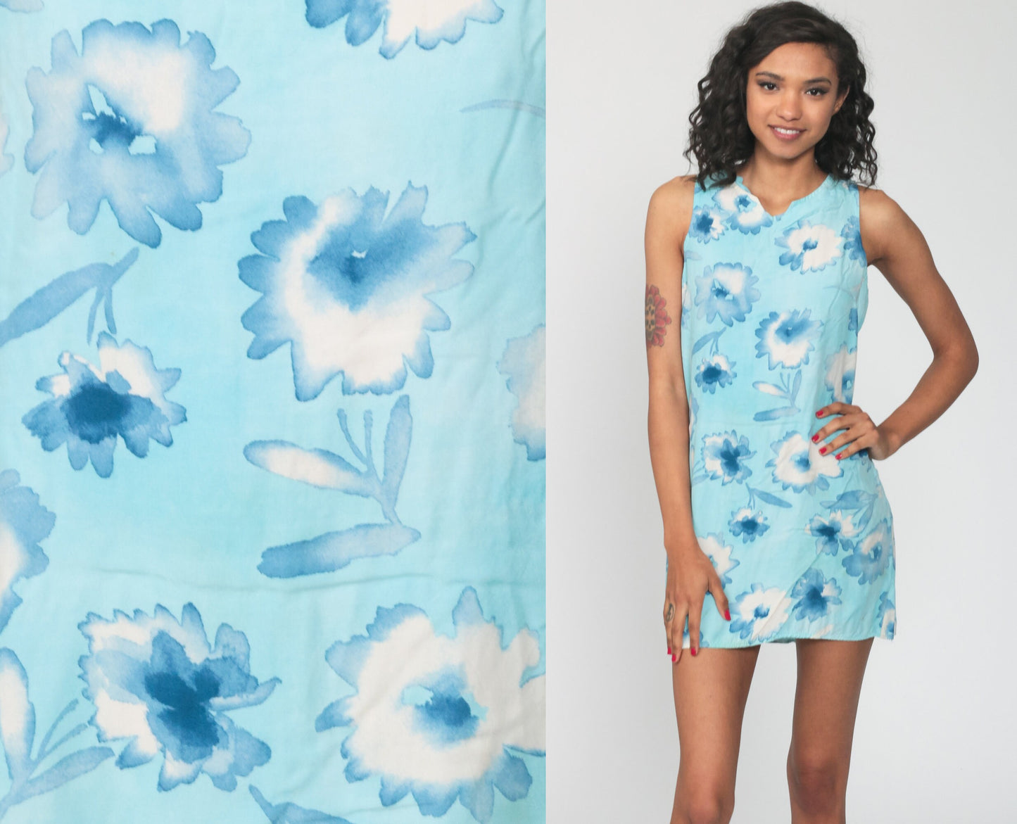 90s Blue Floral Mini Sundress Sleeveless Shift Dress Small