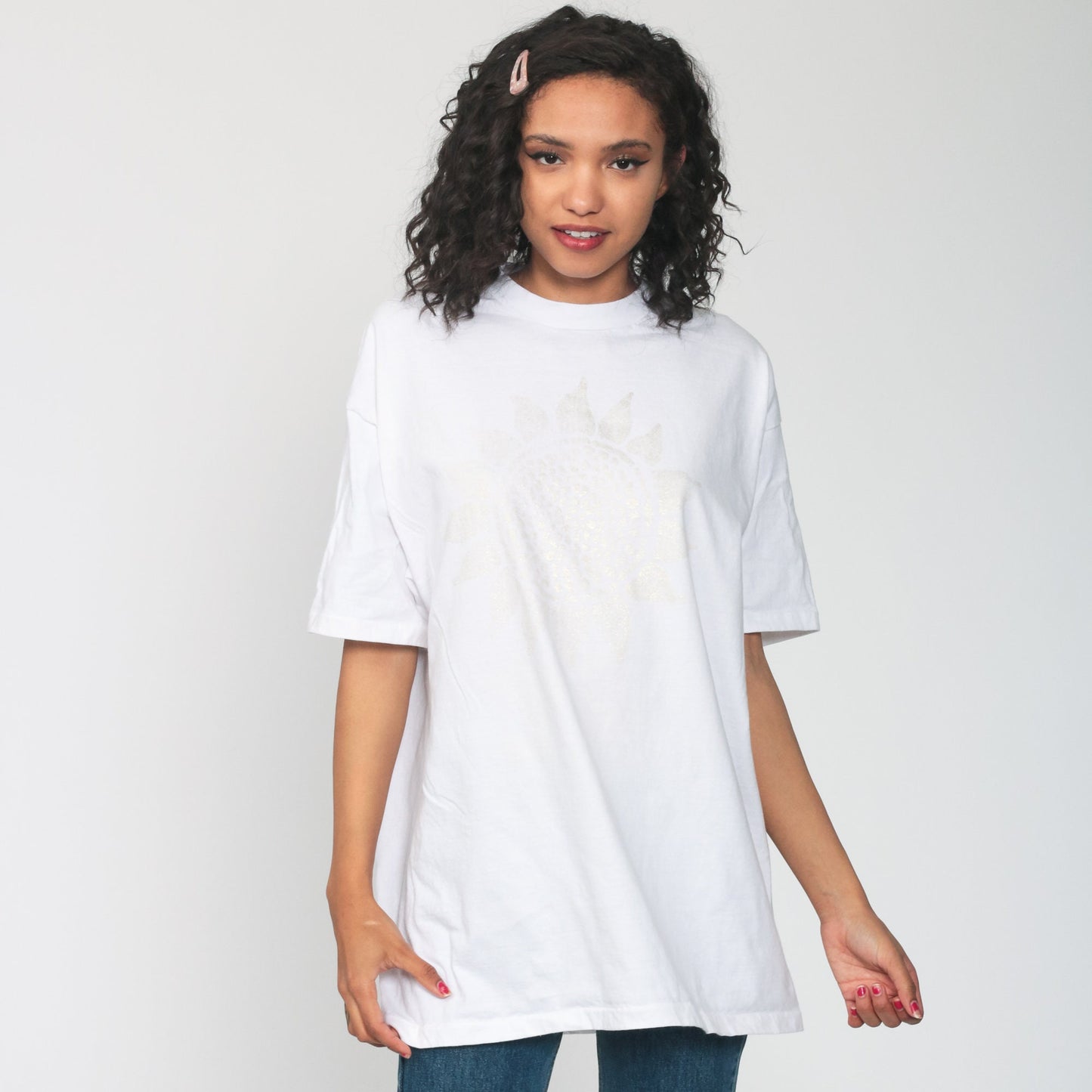 90s Sunflower Glitter Graphic T-Shirt White Cotton Tee Large