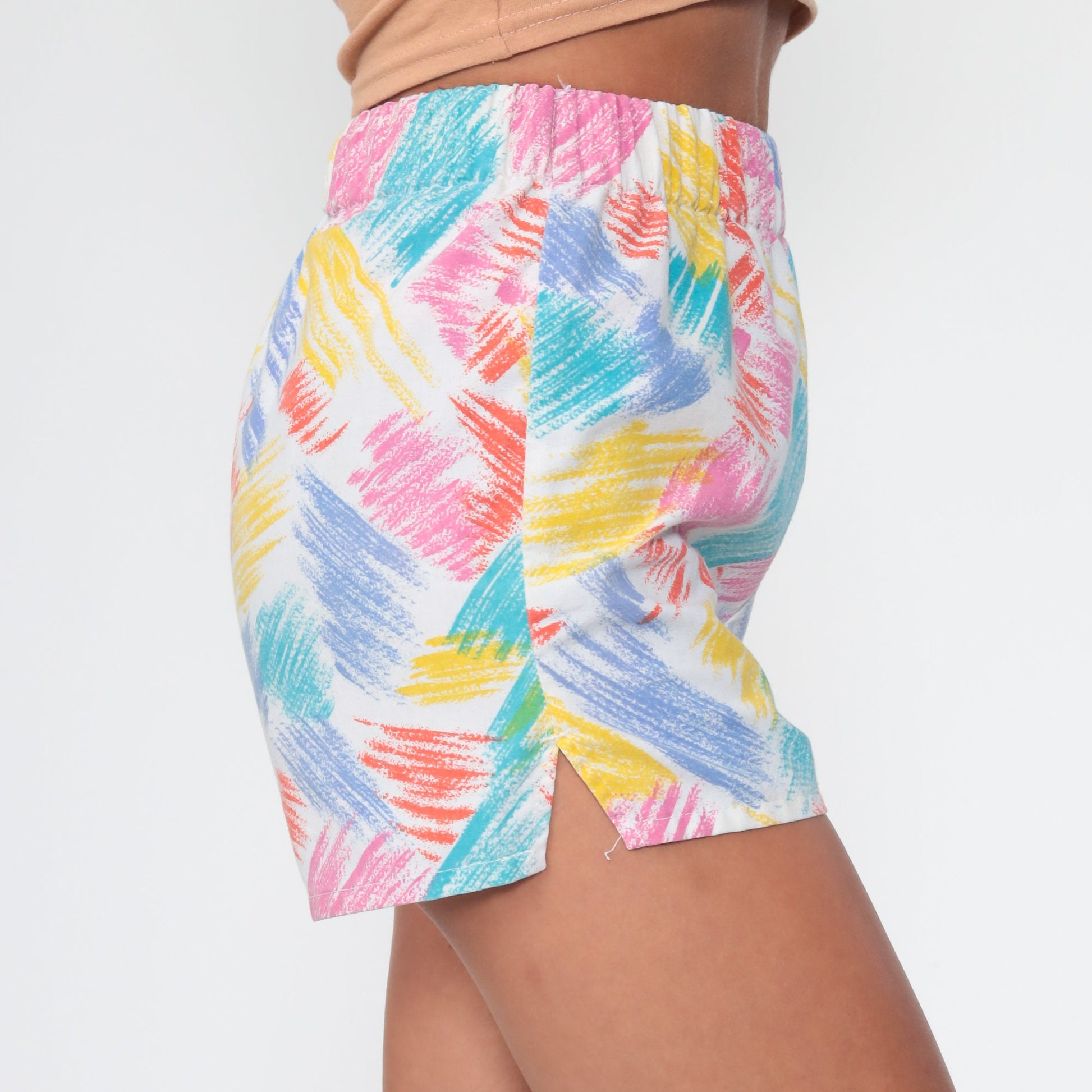 80s Jet Set Brushstroke Cotton Shorts Rainbow High Waist XXS