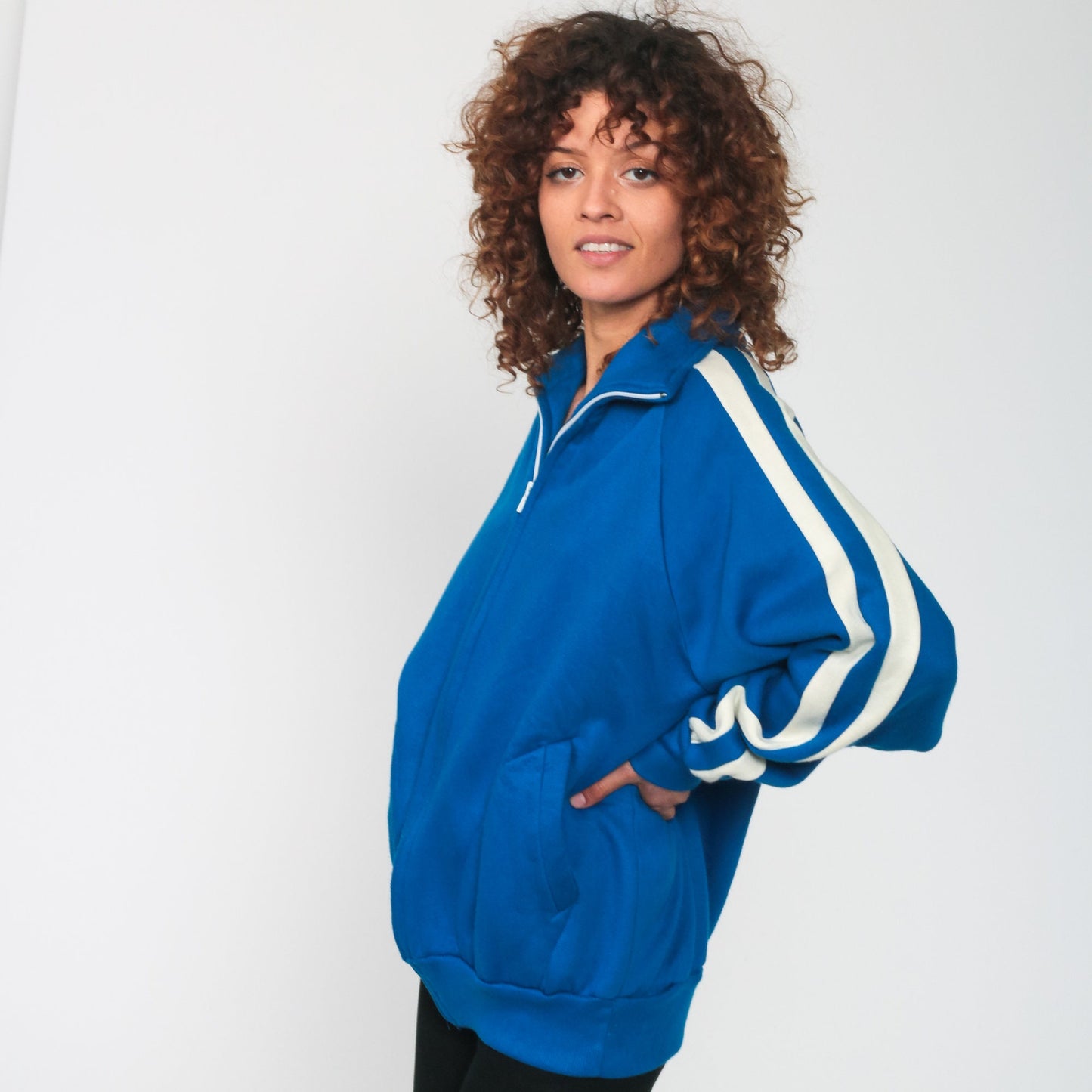 80s Royal Blue Striped Raglan Track Jacket Zip Up Small Medium