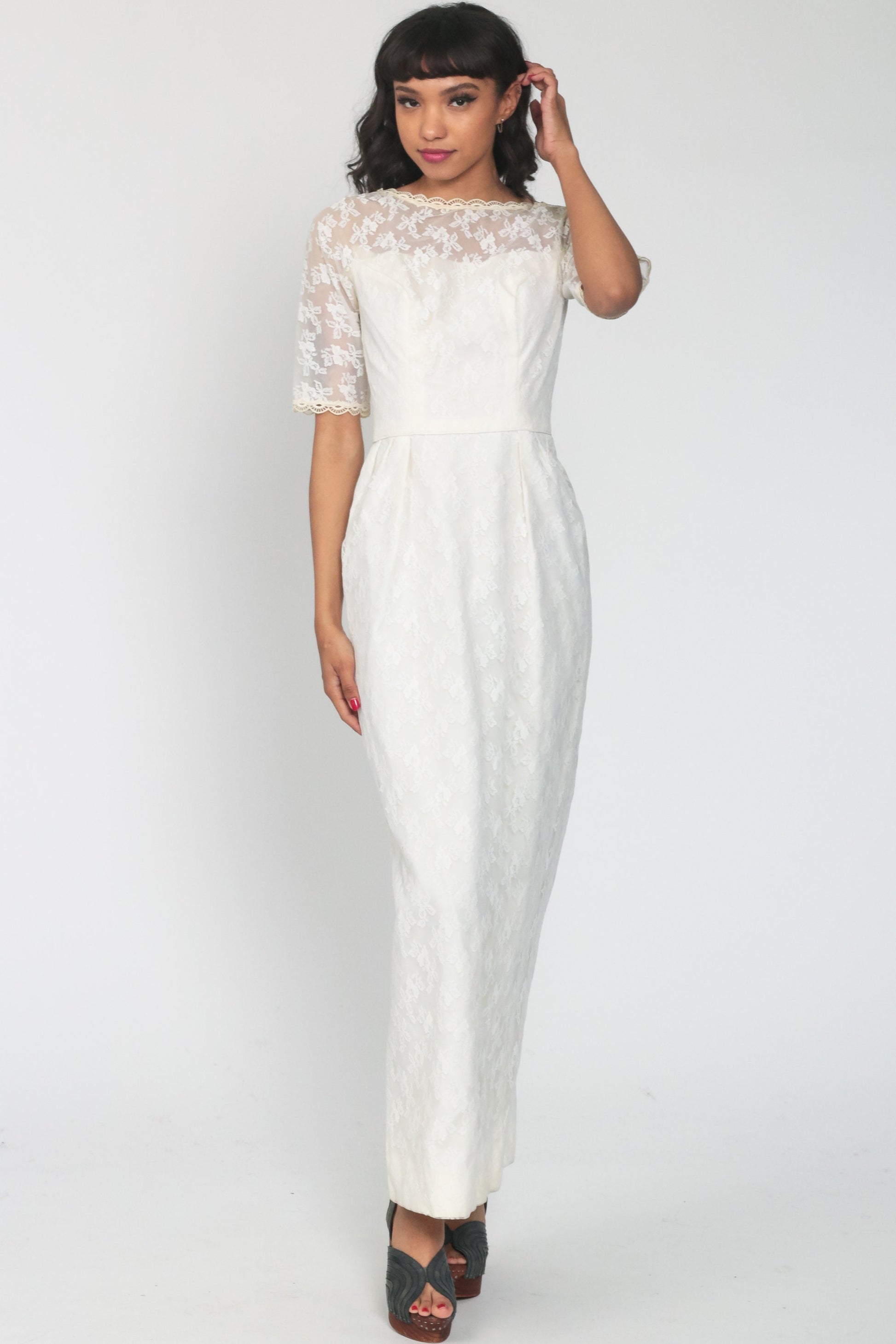 60s White Lace Maxi Dress Empire Waist Half Sleeve Scalloped Extra Small