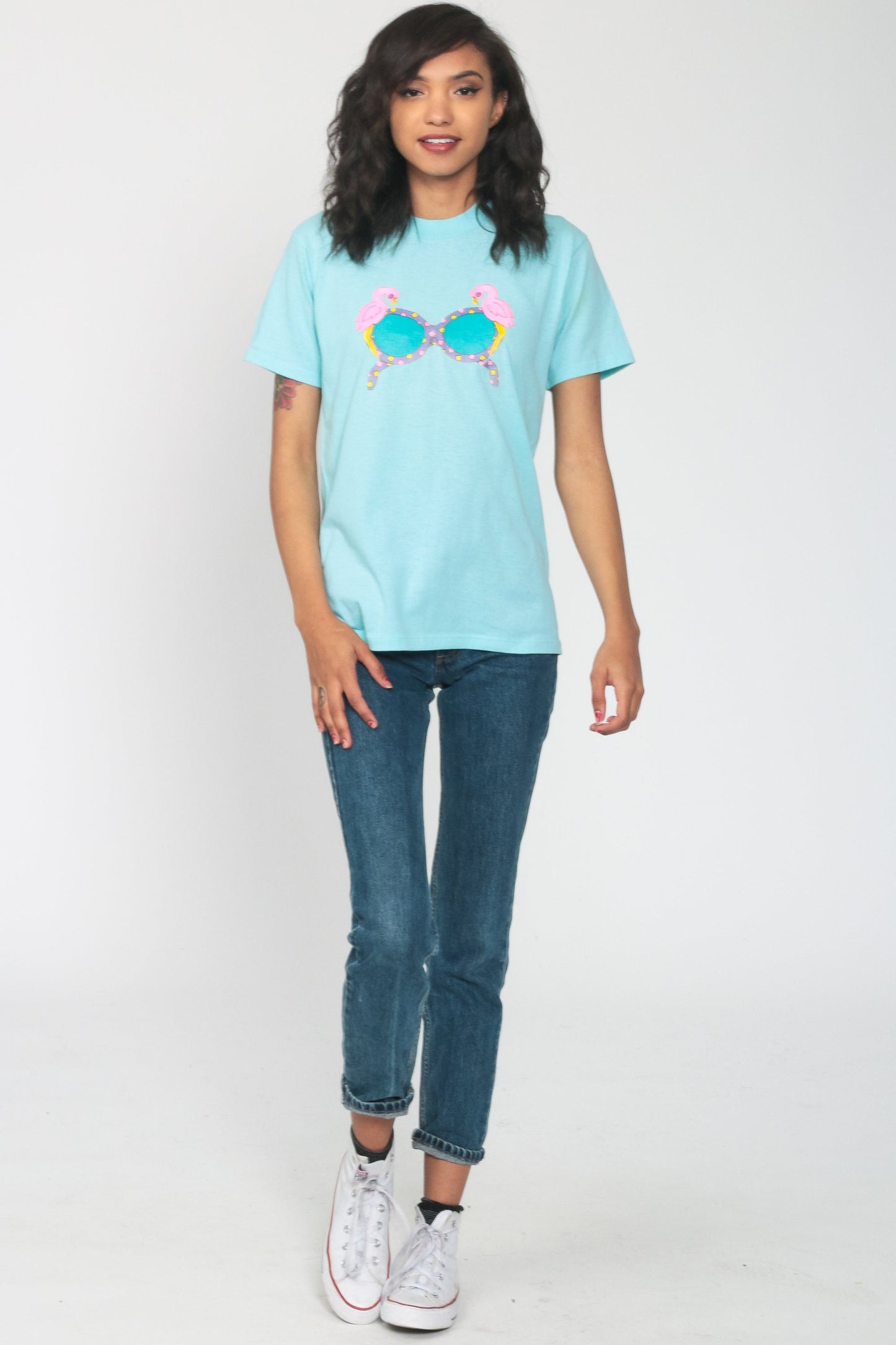 80s Flamingo Sunglasses Graphic T-Shirt Neon Aqua Single Stitch Extra Small