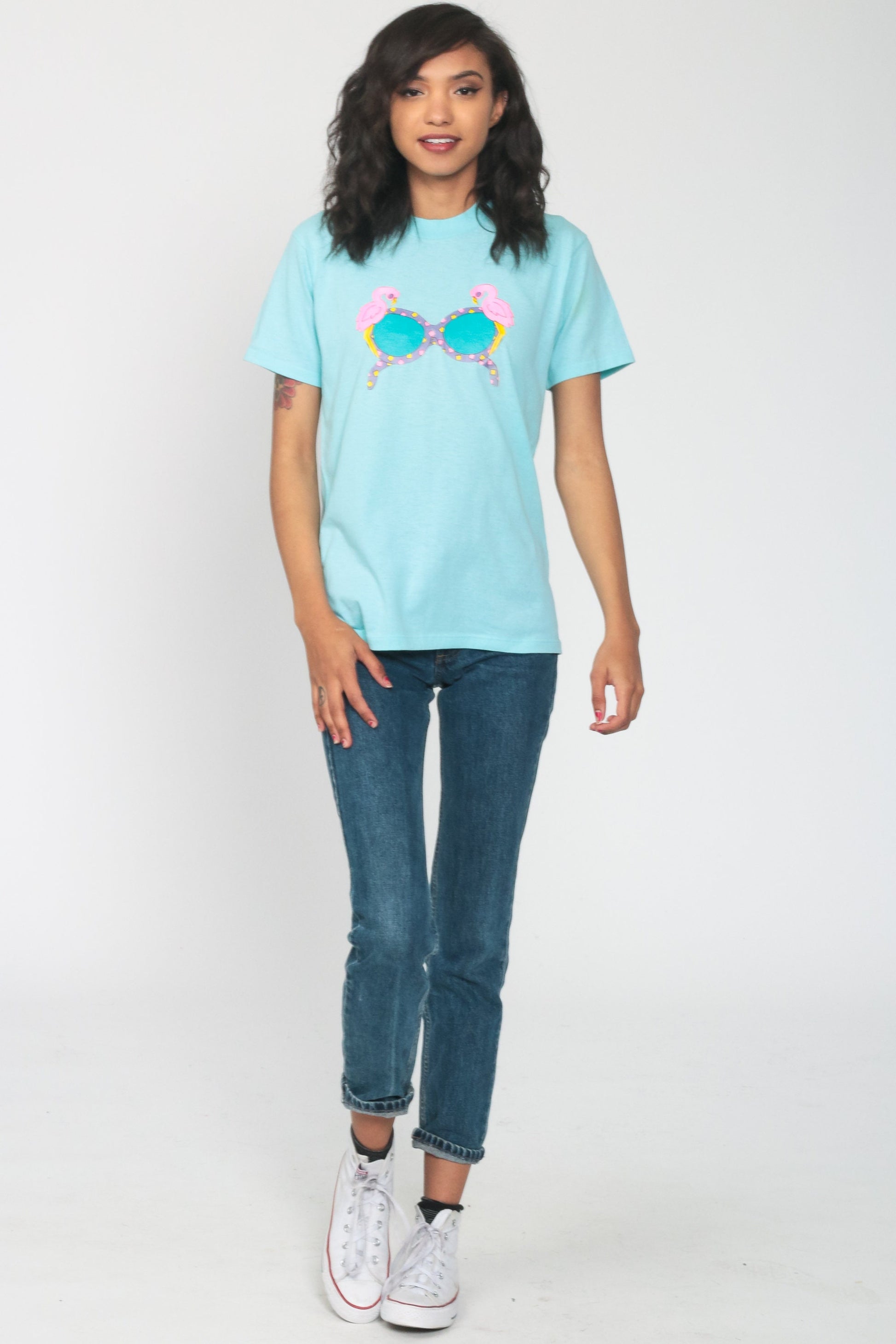 80s Flamingo Sunglasses Graphic T-Shirt Neon Aqua Single Stitch Extra Small