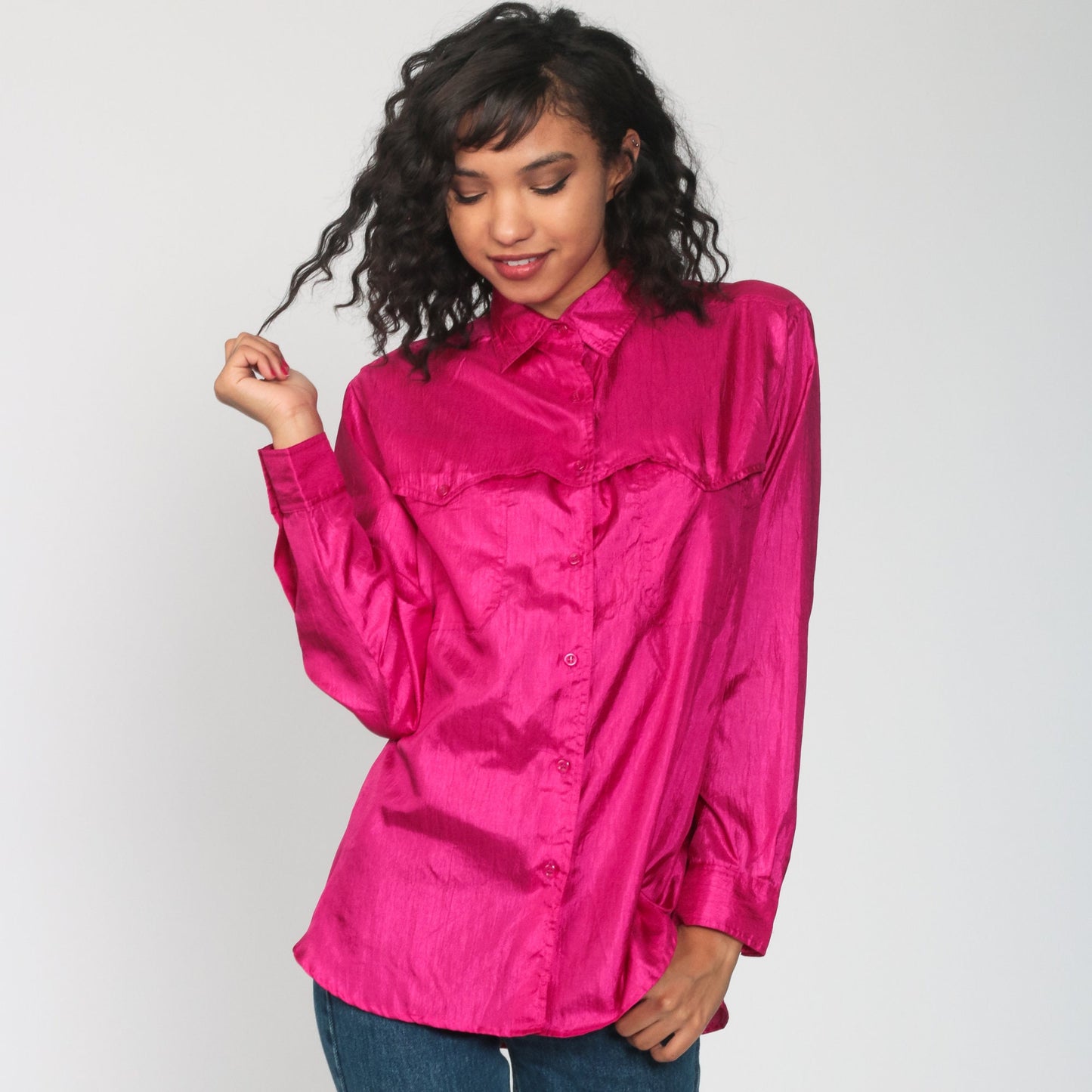 90s Shiny Pink Button-Up Blouse Long Sleeve Collared Shirt Large L
