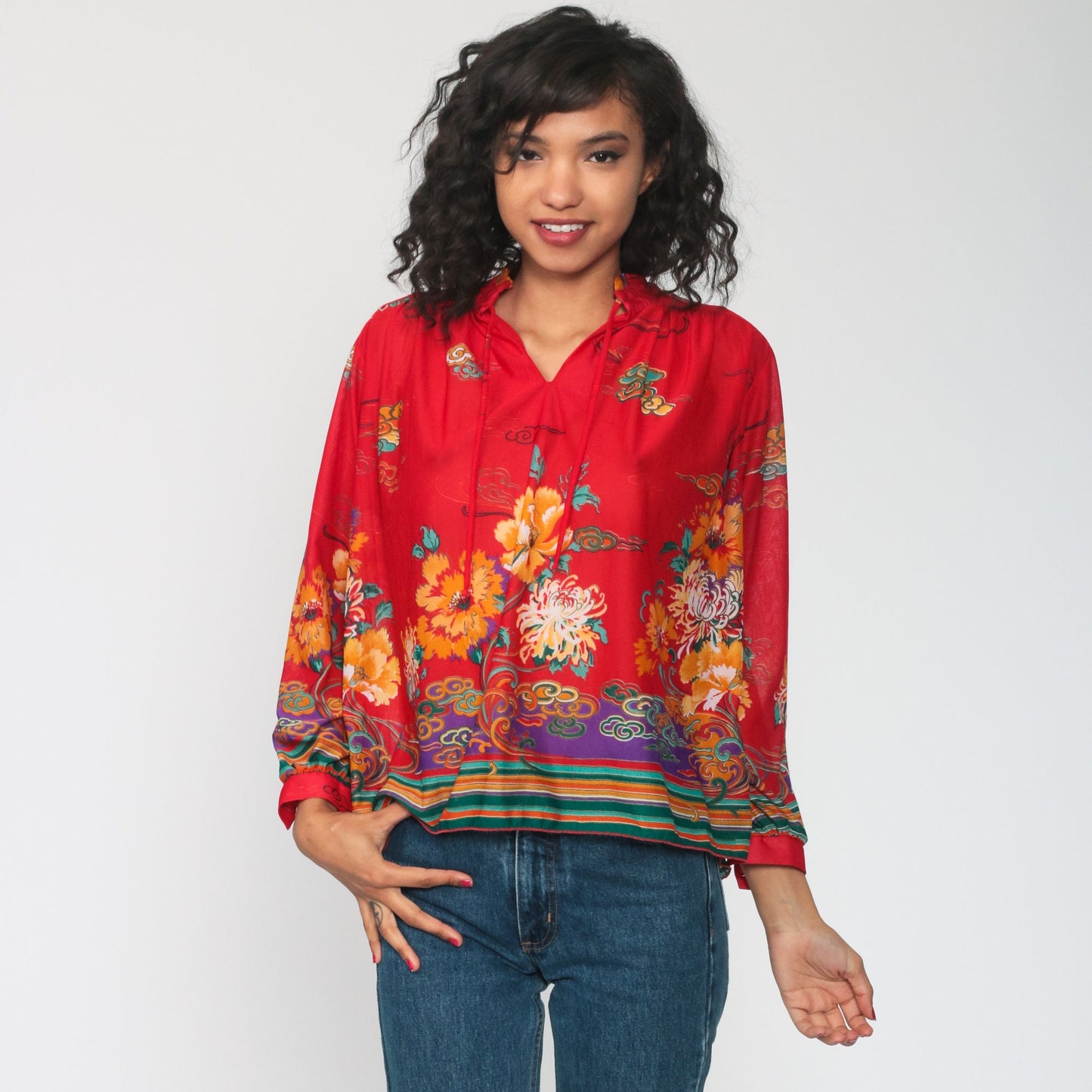 70s Red Floral Print Long Sleeve Blouse Tunic Medium Large