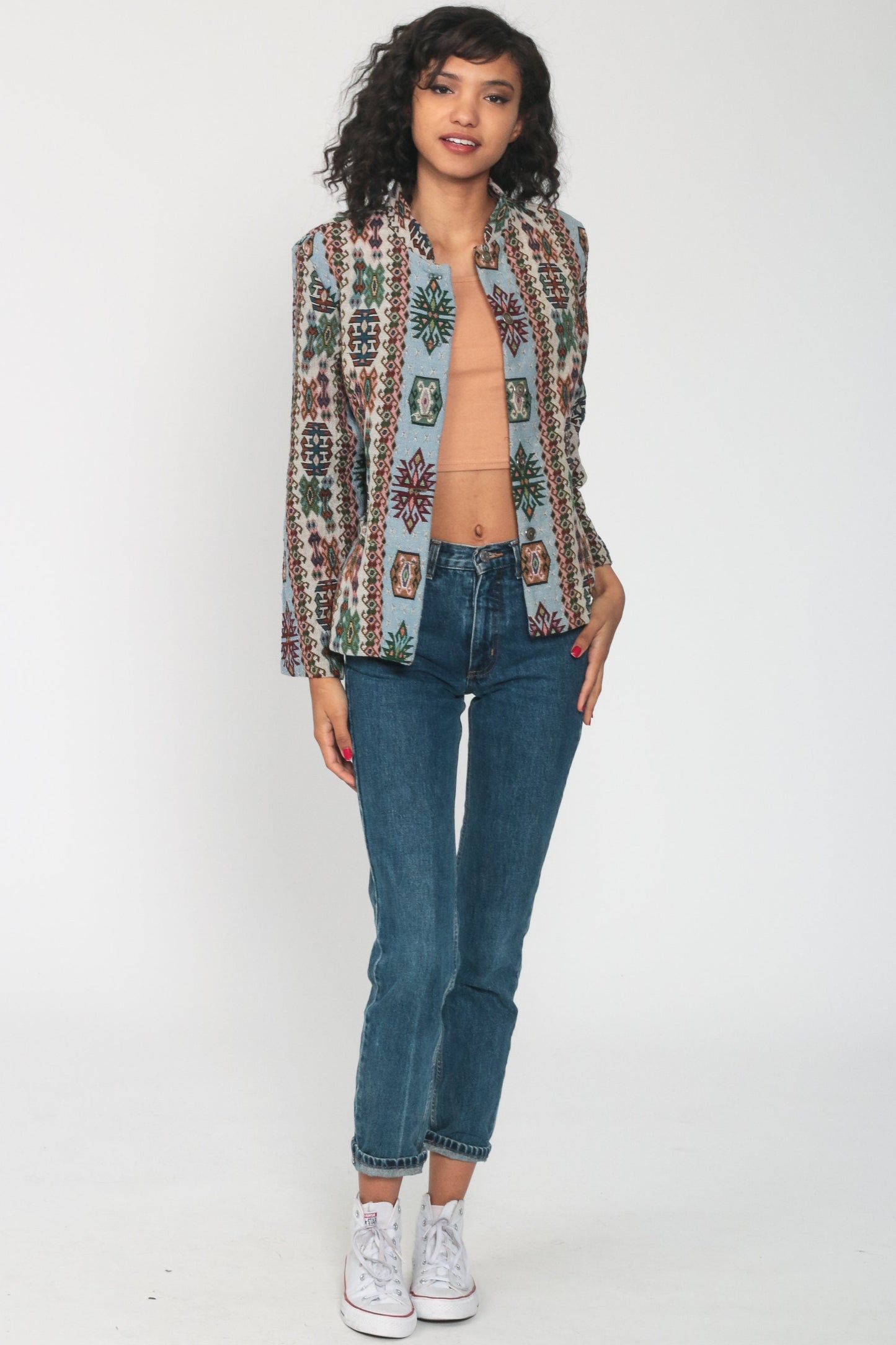 80s Southwestern Tribal Blanket Jacket Aztec Print Blue Blazer Small