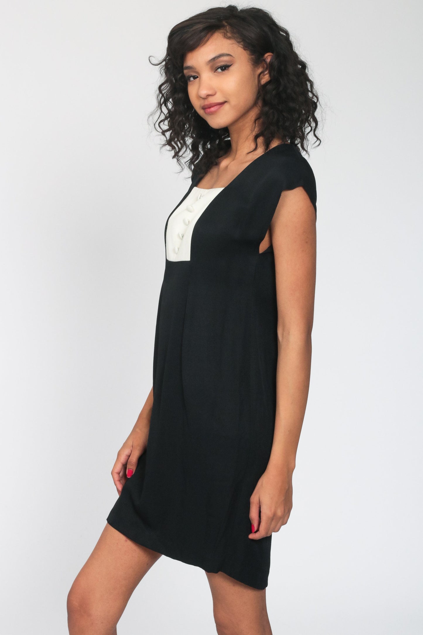 90s Black Mini Dress with Off-White Bib Cap Sleeves Sheath Small
