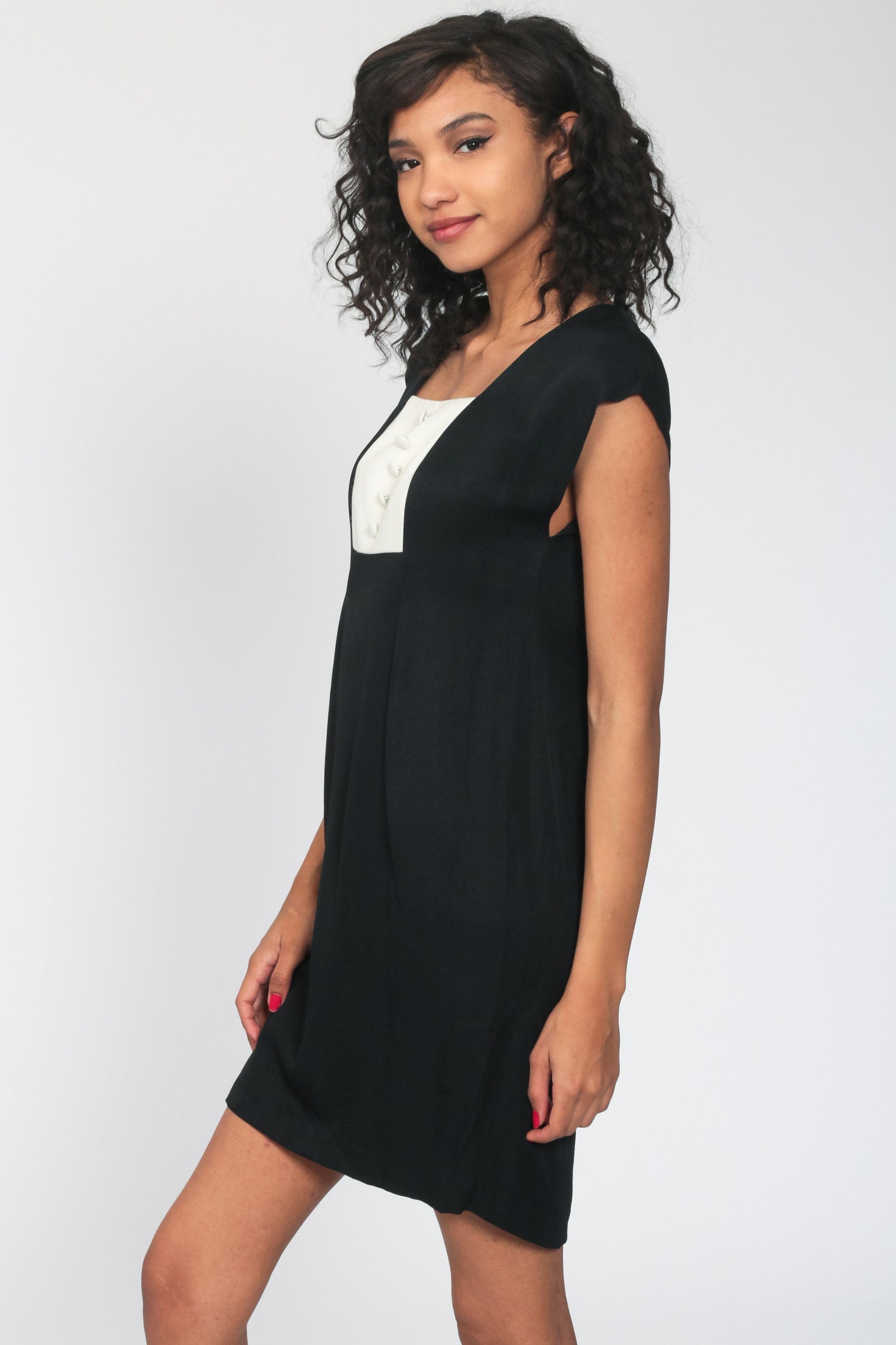 90s Black Mini Dress with Off-White Bib Cap Sleeves Sheath Small